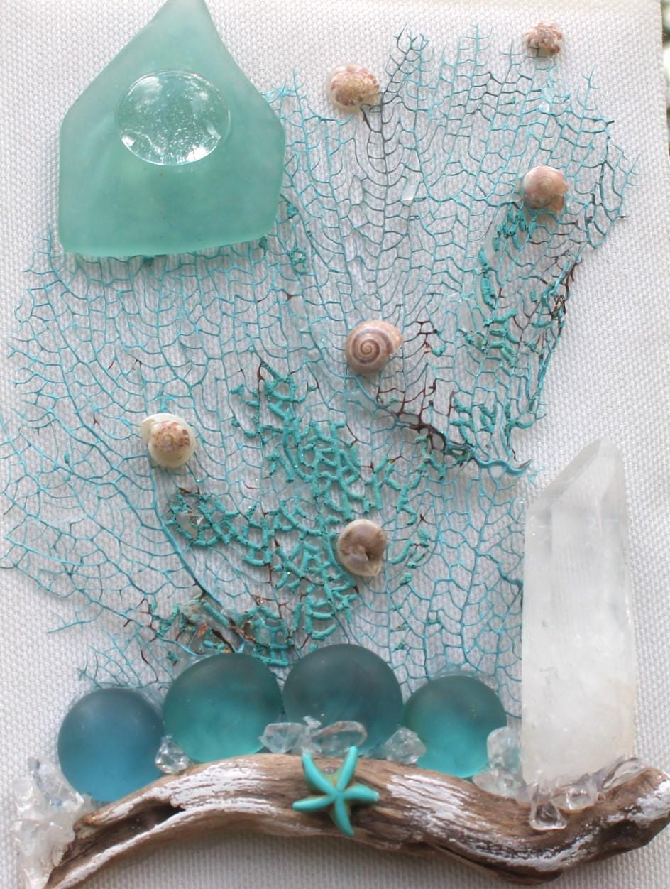 Ocean Themed Shadow Box, Handmade Shell Driftwood Coastal Home Décor. Island Life Art. Teal Sea Fan- Quartz Crystal Wall Décor, Sea Glass Art.