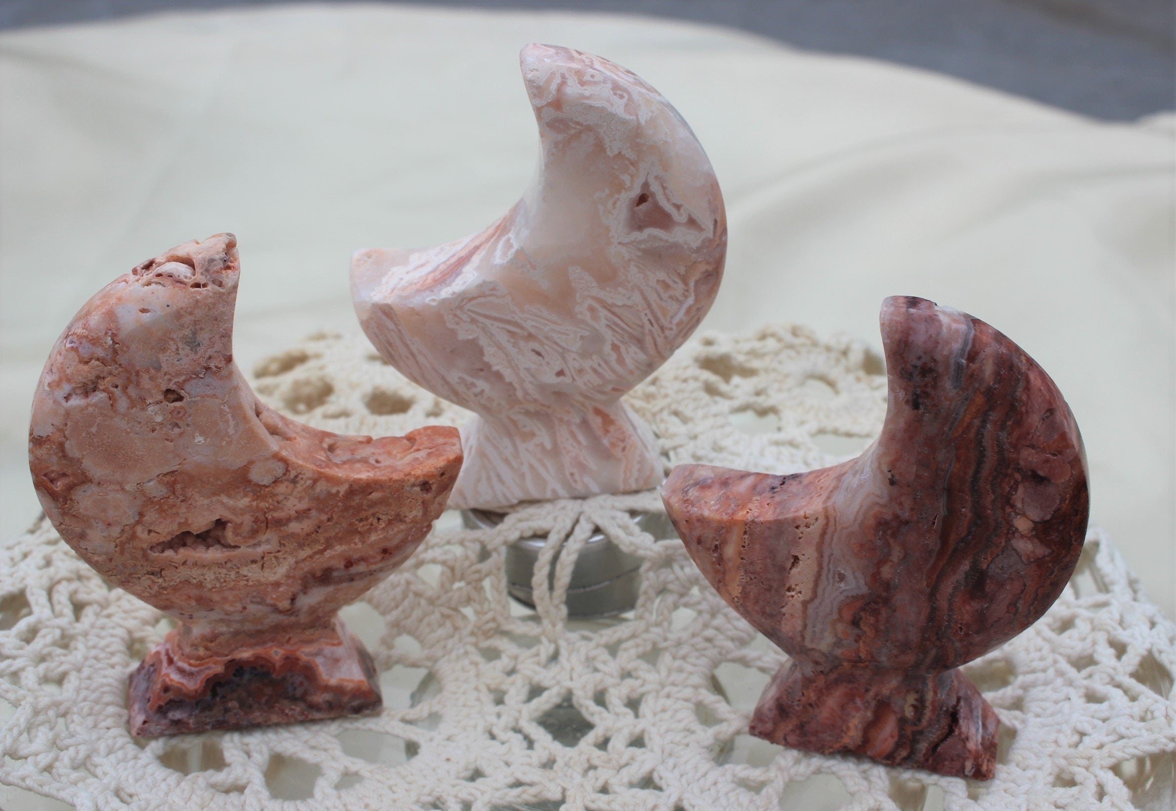 Crazy Lace Agate Moon Goddess Carvings Self Standing, Agate with Druzy Moon Figurines for Altars, Ceremonies and Spiritual Home Decor.