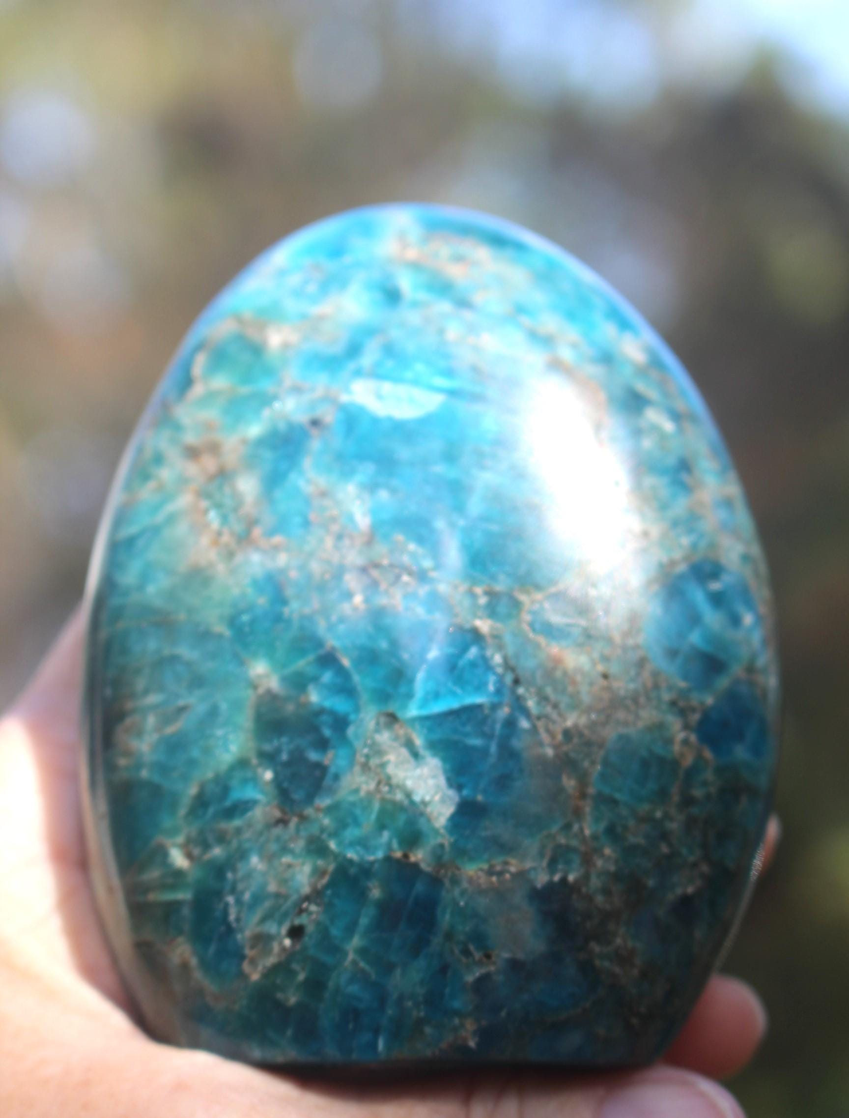 Blue Apatite Tower Obelisk, Polished Gemstone Specimen, Self Standing Crystal.
