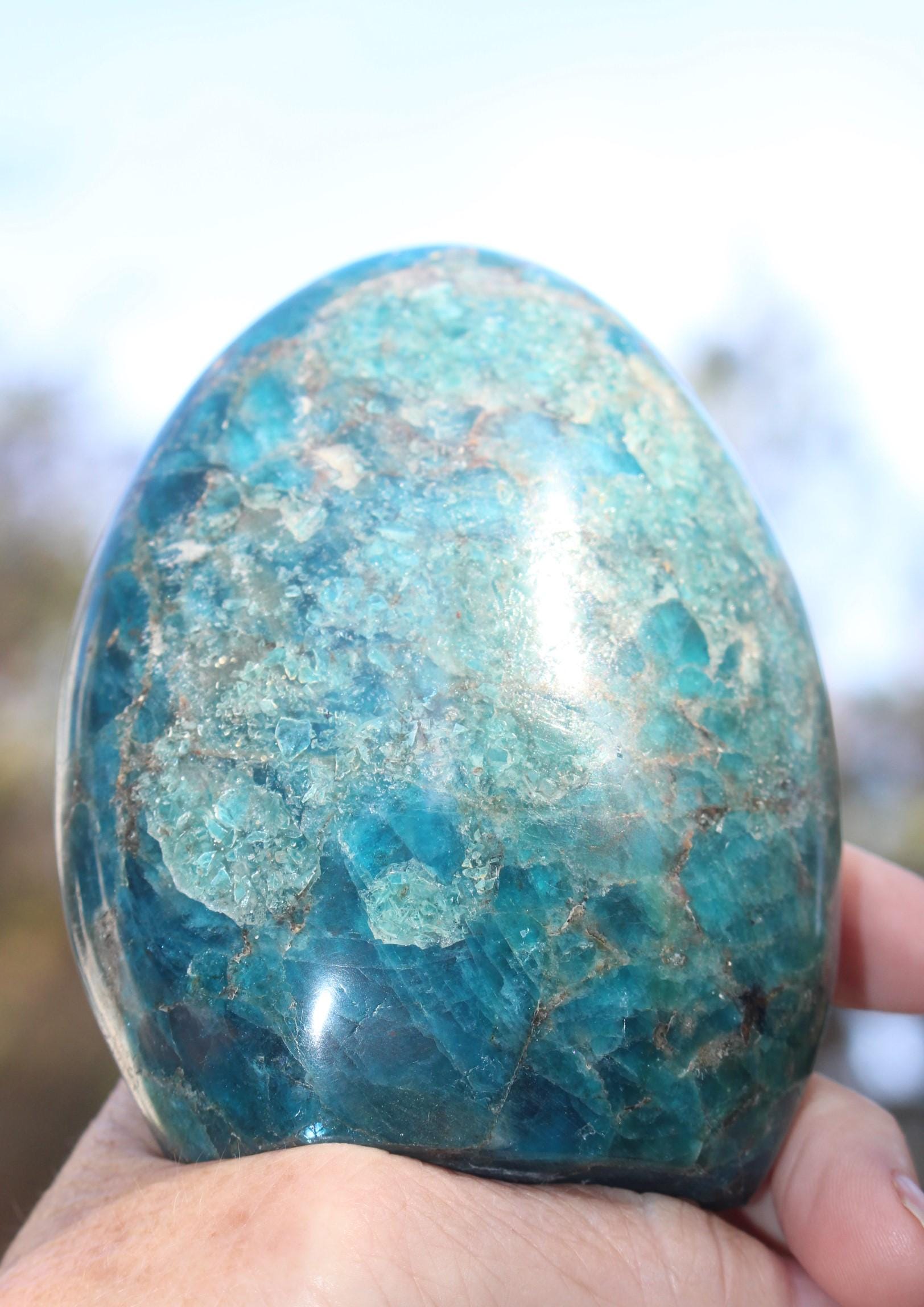 Blue Apatite Tower Obelisk, Polished Gemstone Specimen, Self Standing Crystal.