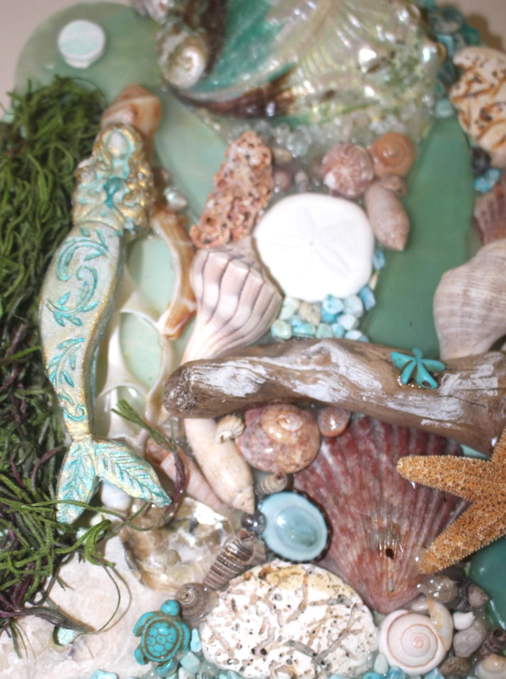 Shell Canvas Wall Art Décor, Original Mermaid Ocean Art w/ Driftwood, Handmade Island Life Sea Collage, Titled Maiden Voyage. 8 by 10 inch.