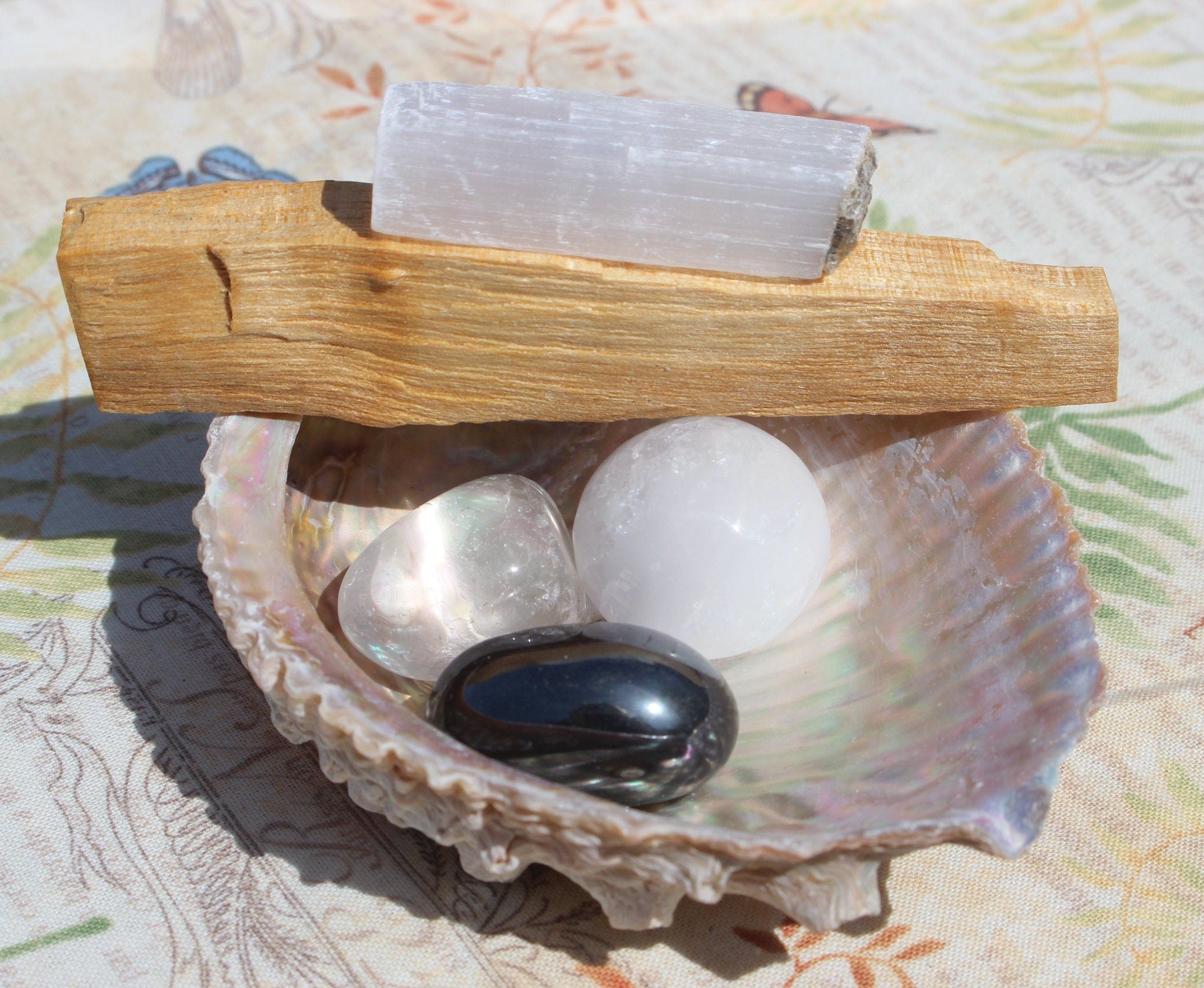 Crystal House Cleansing Bundle, Smudging - Purification, Rituals Altars, Meditation. Abalone Shell, PaoAlto Stick, Selenite Tower Special Buy.