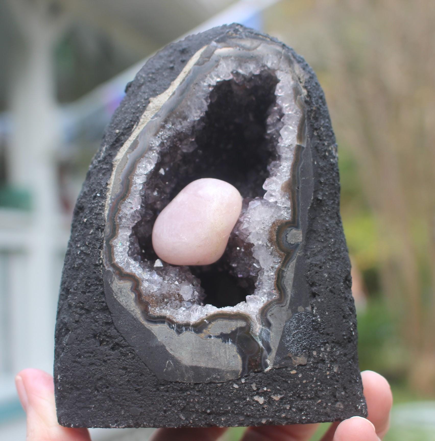Amethyst Geode Crystal Cave Cathedral w/ Rose Quartz Stone, Hollow Geode Collectible Specimen. Boho Home Décor, Priority Mail Shipping.