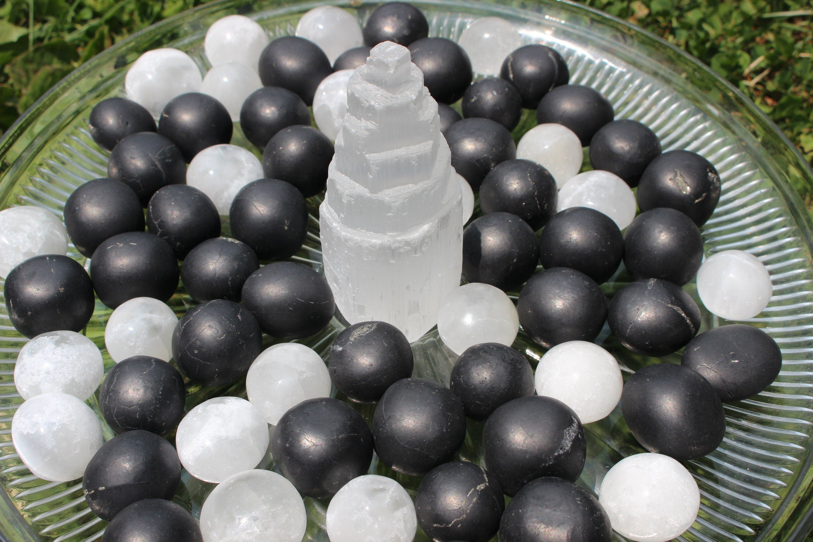 Shungite Selenite Polished Crystal Nuggets, EMF Protection, Purification, Cleansing. Two of each. Black and White, Yin and Yang!