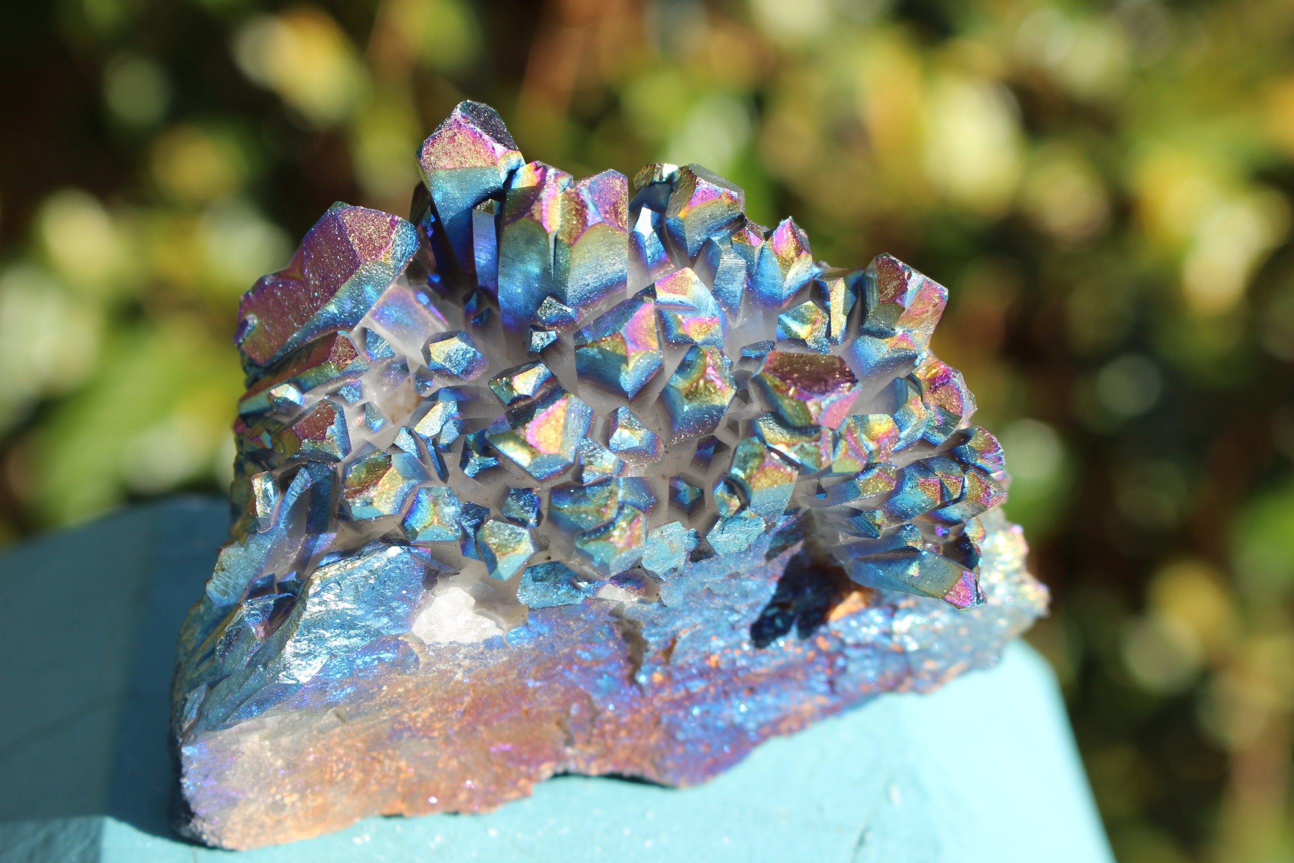 Titanium Aura Quartz Crystal Cluster, Large Rainbow Flame Angel Aura Quartz, Galactic Metallic Collectible. Free Shipping!