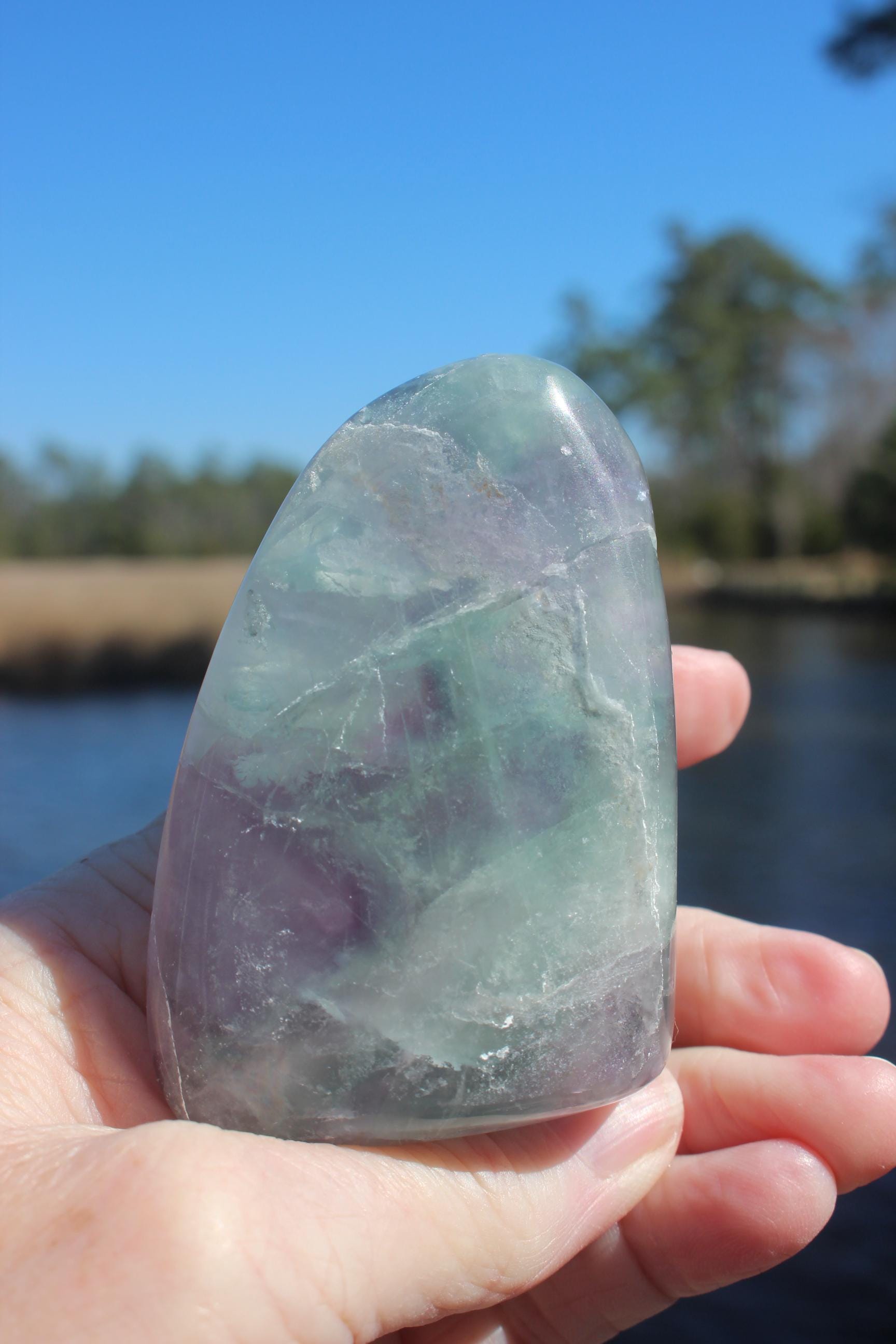Large Free Form Fluorite Crystal Rock Specimen, Polished Fluorite Gemstone, Purple Green Translucent Gem. Great Buy!