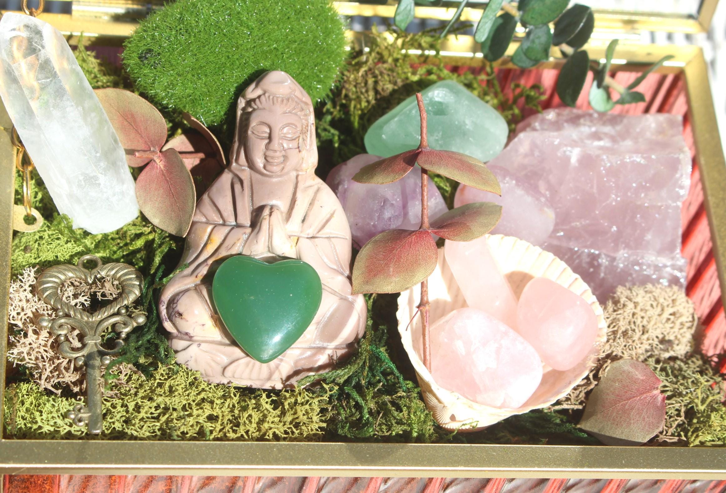 Crystal Moss Terrarium Box With Large Quan Yin Carving, Spirit Filled Glass Altar Box, Handmade Rose Quartz Reflection Gift Box Collectible.