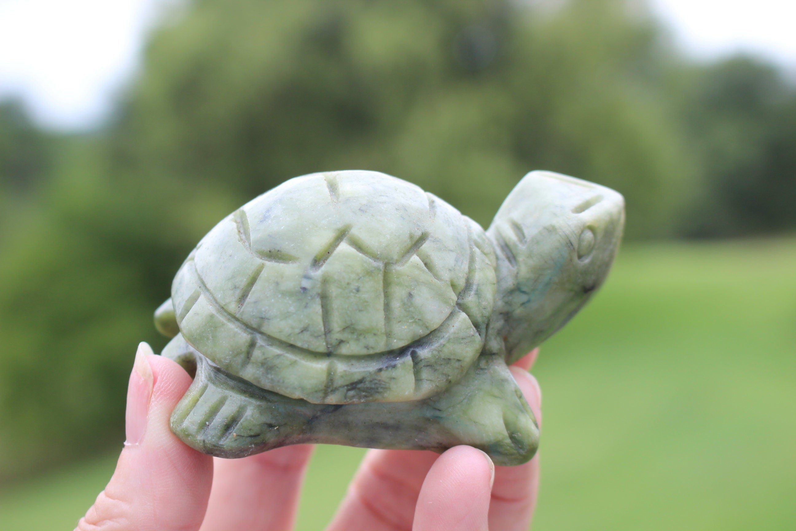 Carved Gemstone Turtle Figurine, Green Serpentine Totem, Ex Large Woodland Animal, for Terrariums, Crystal Home Décor. Collectible.