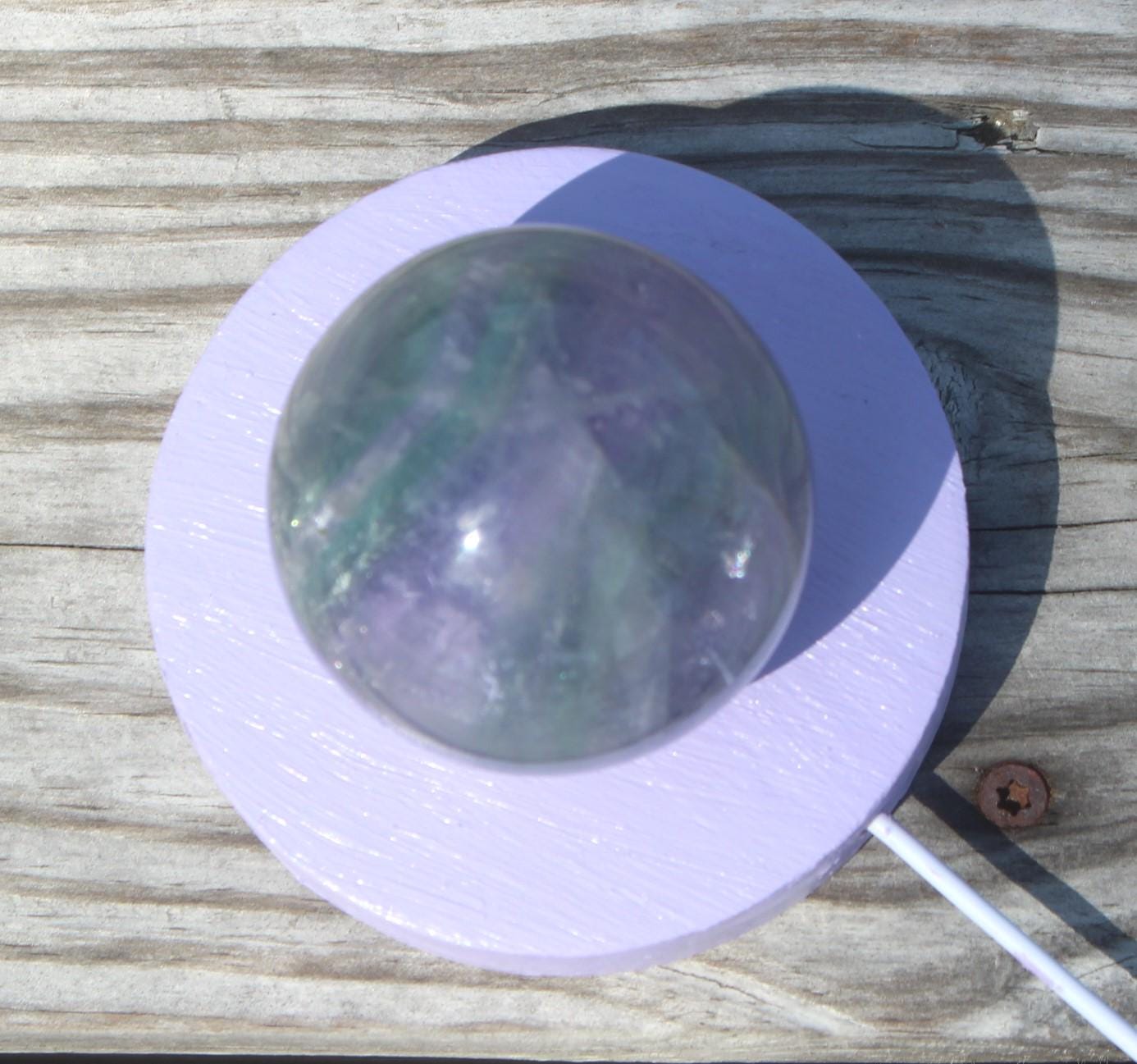 Fluorite Crystal Ball Night Light, Hand Painted Lavender Wooden Frame, LED Nite Lite USB plug. Coastal Home Decor