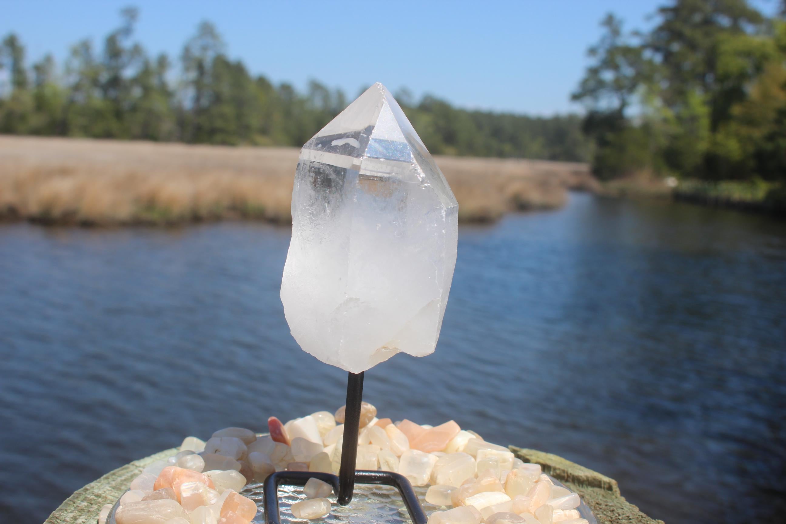 Large Quartz Crystal Cluster Point on Black Iron Display Stand, Raw Natural Specimen. Boho Home Décor, Yoga Meditation Rooms, Collections!