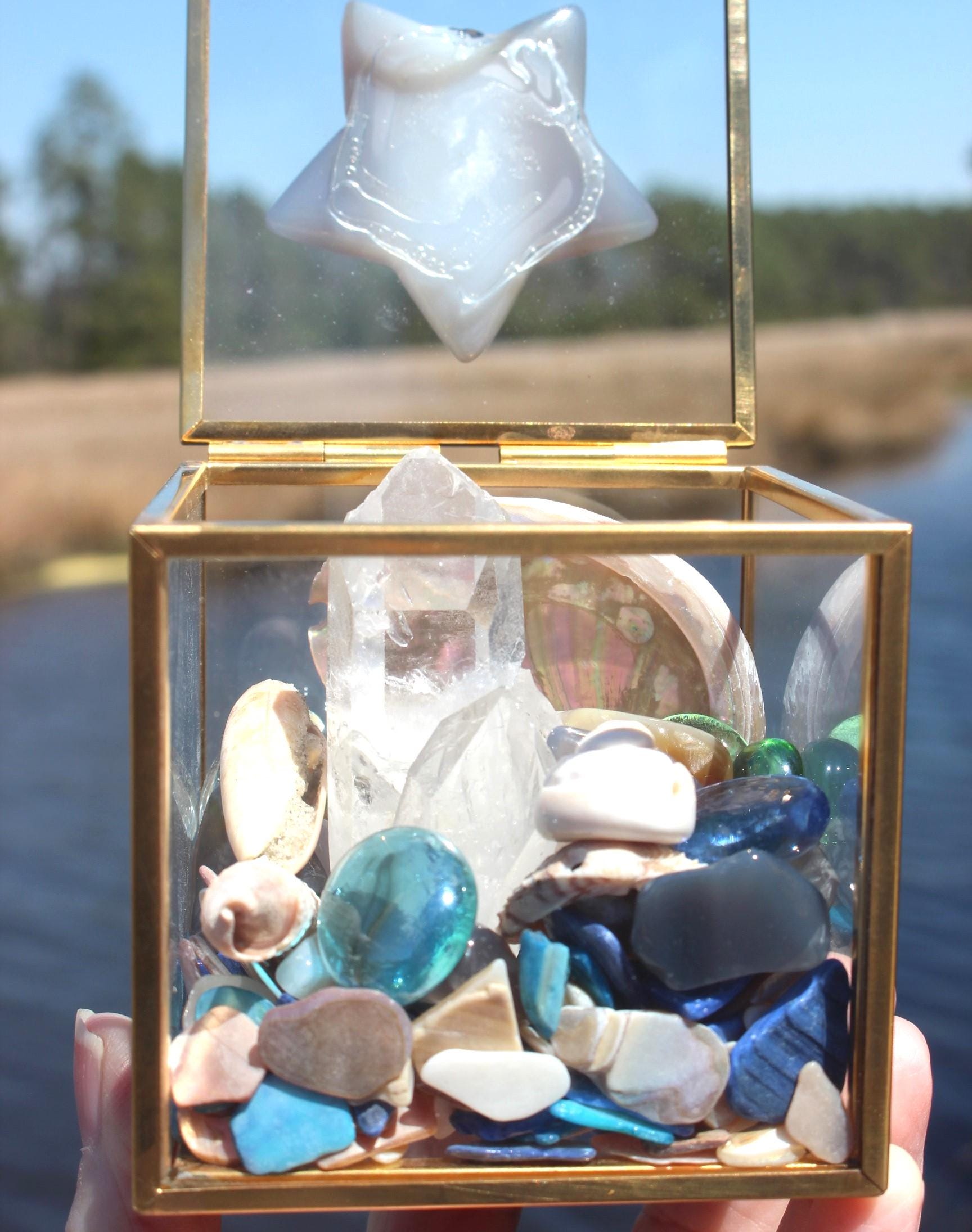 Mermaid Treasure Trove Quartz & Shell Crystal Terrarium Box, Star Agate, Crystals, Abalone Shell, Nature Relaxation Gift, Beachy Vibe Décor