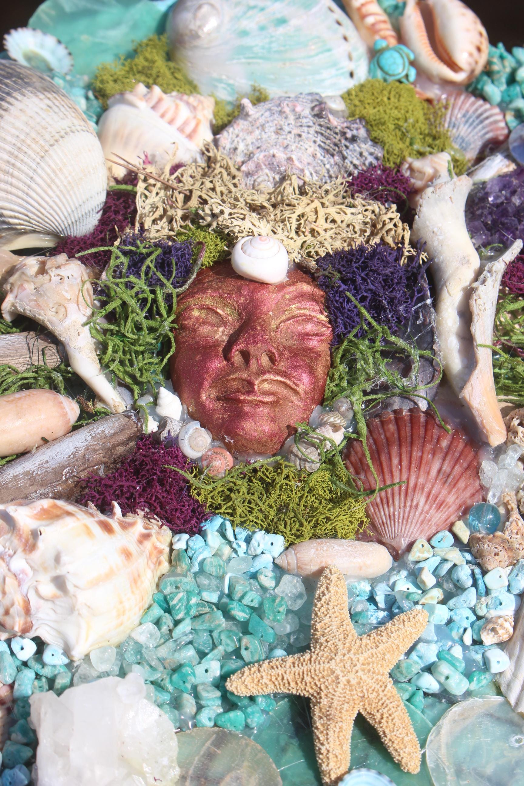 Mermaid Shell Driftwood Canvas Wall Art Décor, Original Coastal Art Collage, Mermaid Goddess, Titled Queen of the Deep 12 in.