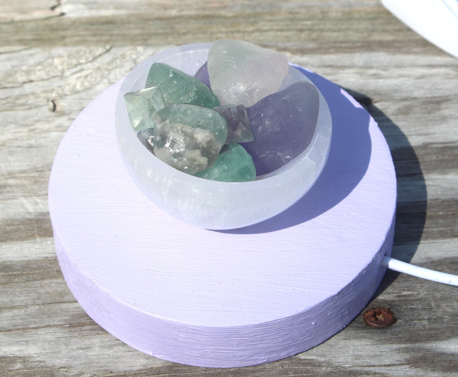 Lavender Fluorite Selenite Night Light, Polished Gemstones, Hand Painted Base, LED Lite w/ USB plug. Crystal Home Décor.