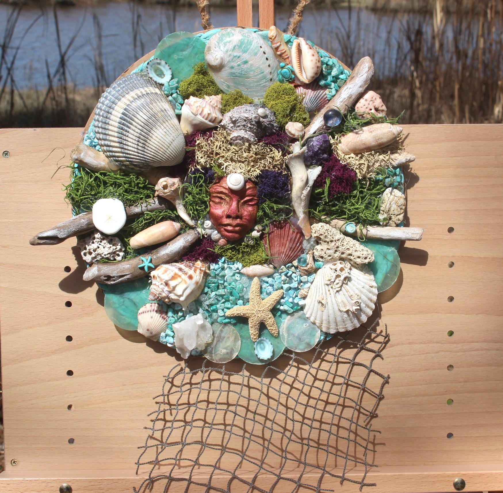 Mermaid Shell Driftwood Canvas Wall Art Décor, Original Coastal Art Collage, Mermaid Goddess, Titled Queen of the Deep 12 in.