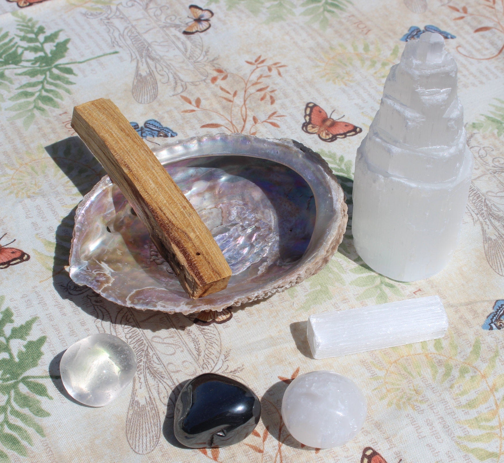 Crystal House Cleansing Bundle, Smudging - Purification, Rituals Altars, Meditation. Abalone Shell, PaoAlto Stick, Selenite Tower Special Buy.