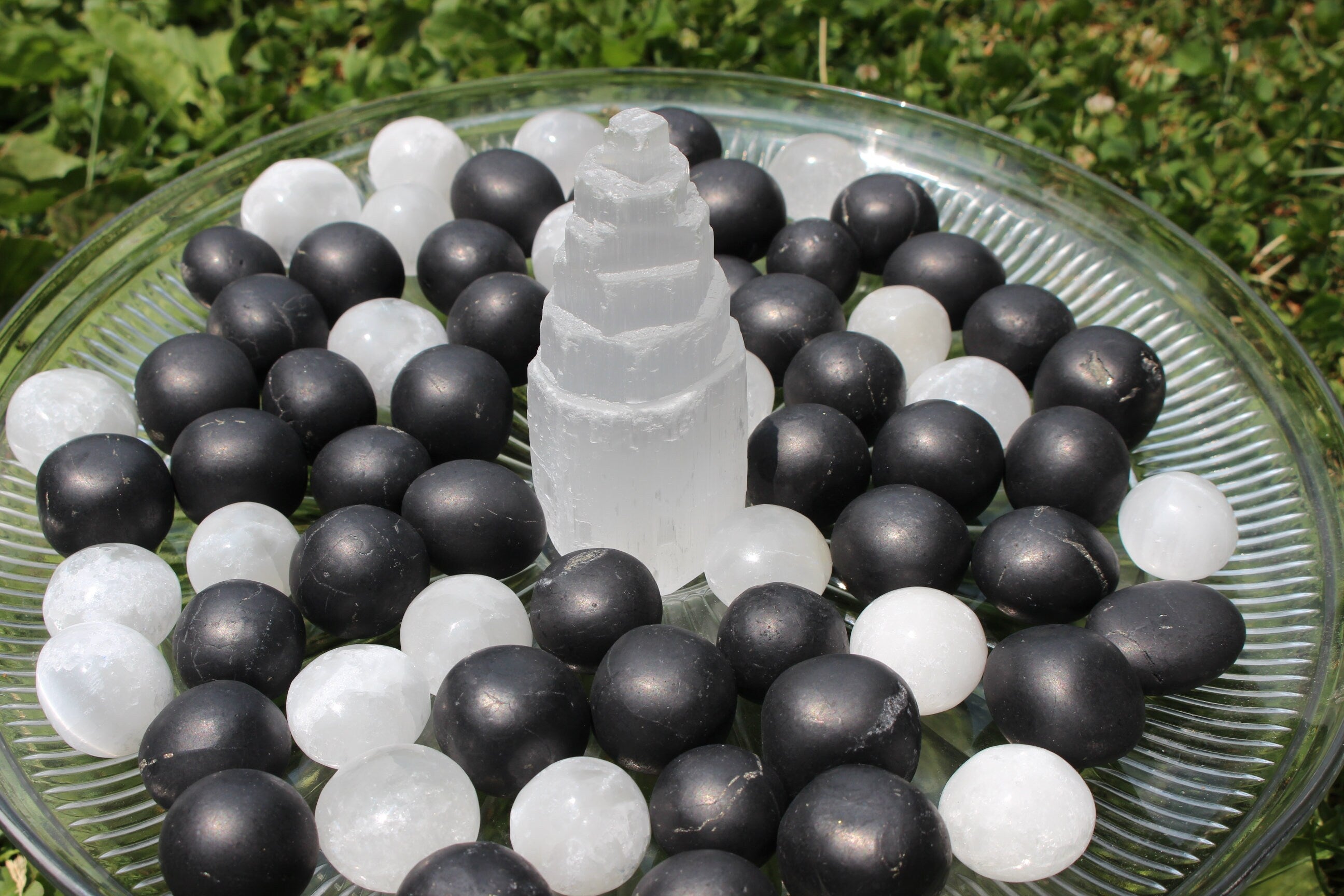 Shungite Selenite Polished Crystal Nuggets, EMF Protection, Purification, Cleansing. Two of each. Black and White, Yin and Yang!