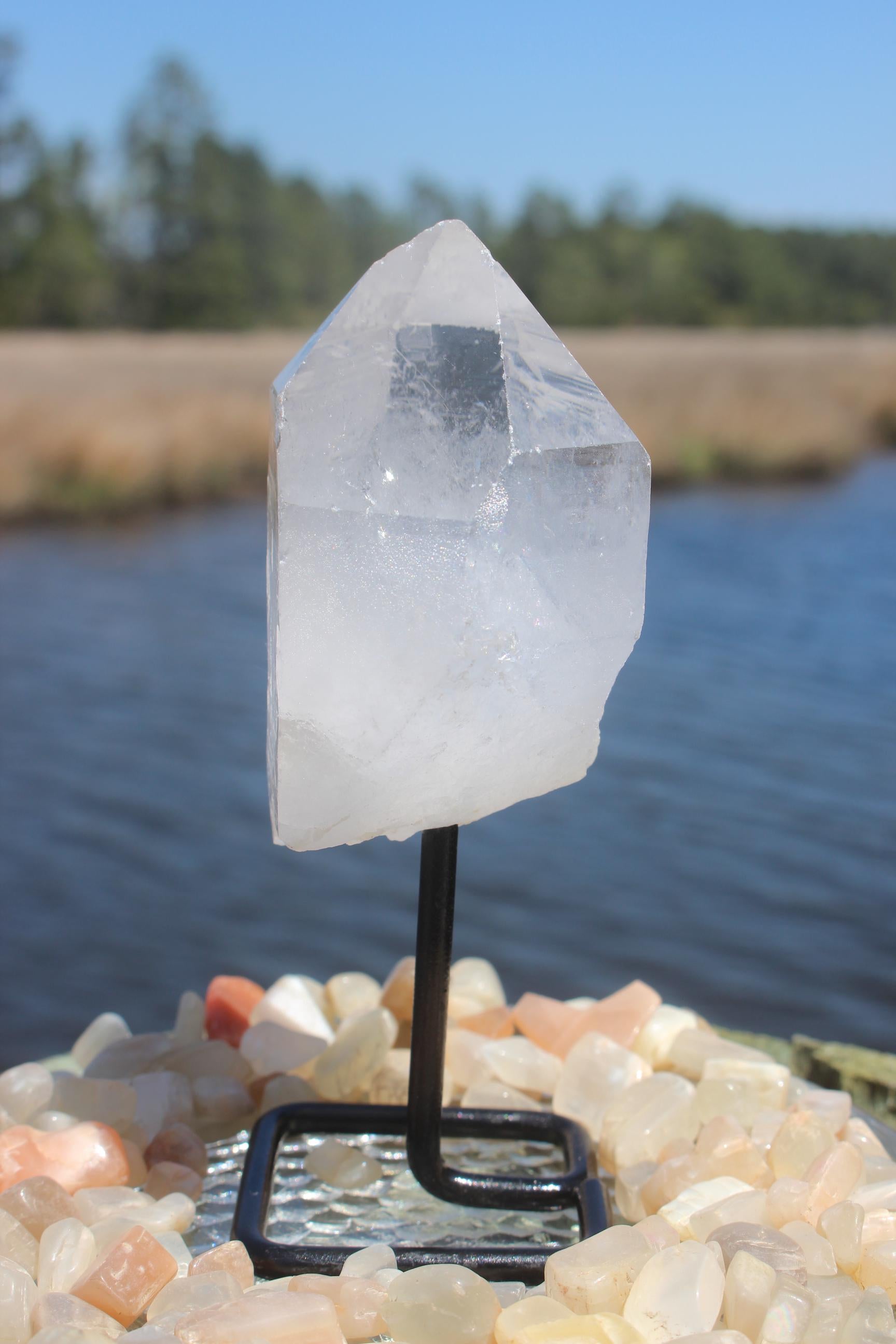 Large Quartz Crystal Cluster Point on Black Iron Display Stand, Raw Natural Specimen. Boho Home Décor, Yoga Meditation Rooms, Collections!