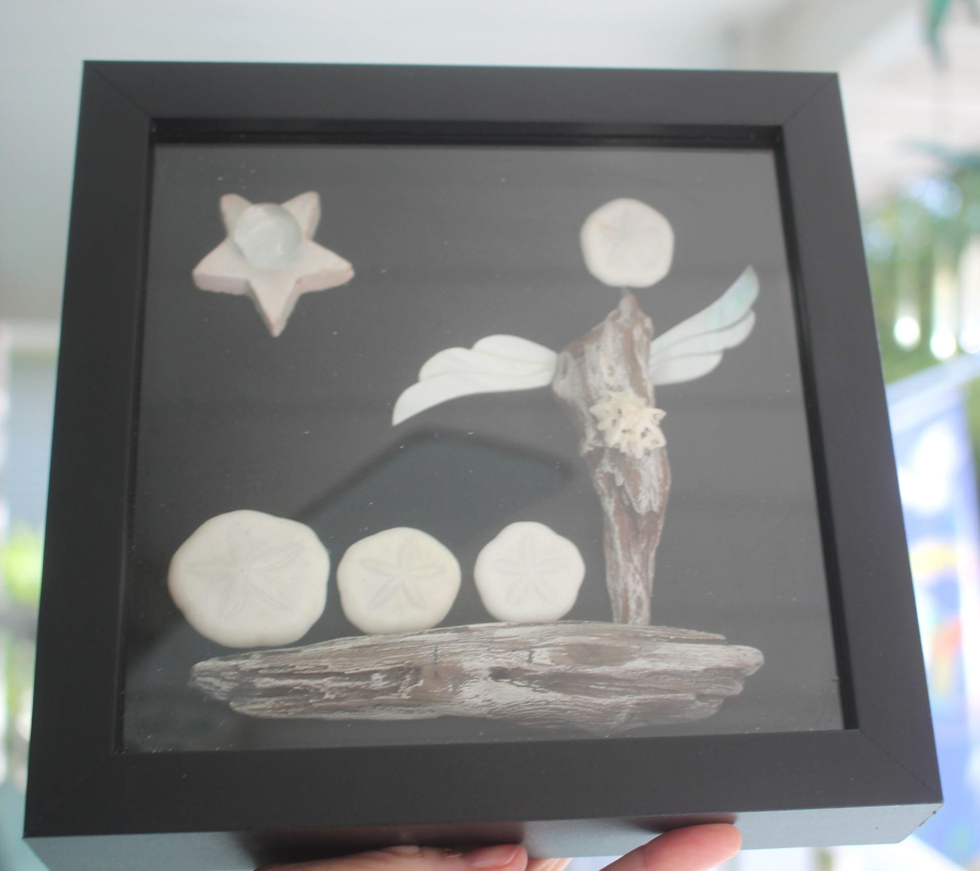 Nautical Themed Shadow Box, Handmade Shell Driftwood Inspirational Art. Sailboat with Angel Wings, Black and White Wall Décor.