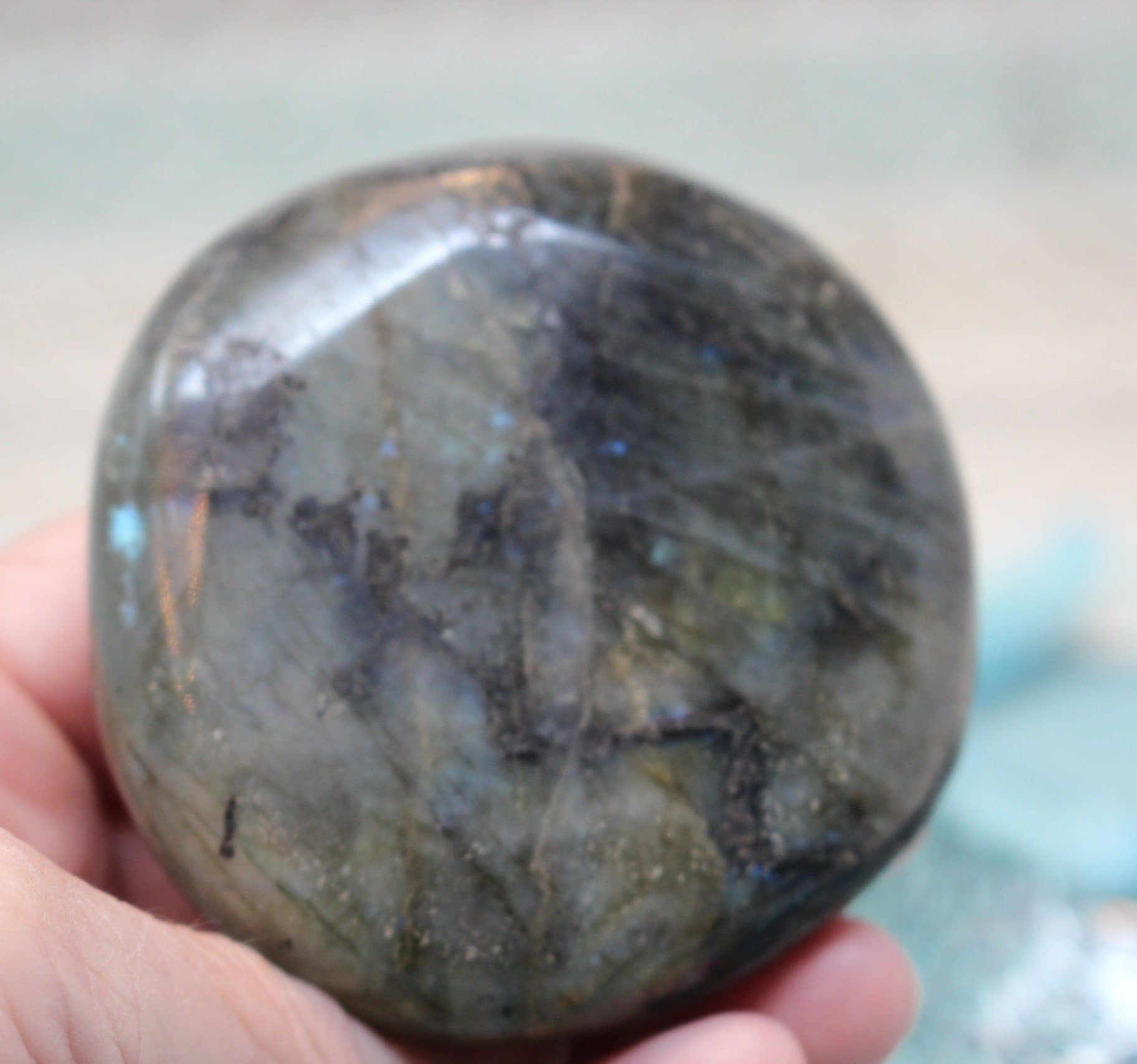 Labradorite Palm Stone, Blue Flash Polished Gemstone, Large Specimen of Labradorite Rock.6.1 oz.
