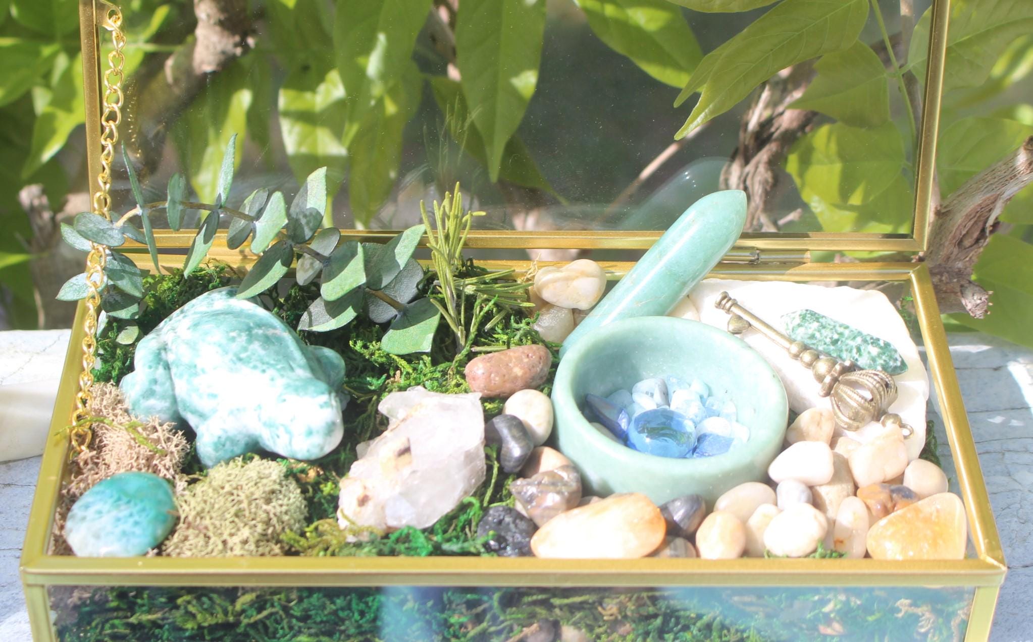 Crystal Forrest Garden Terrarium Treasure Box, Nature Relaxation Gift, Moss Agate Frog, Quartz Crystal-Jade Water Bowl-Moss, Aventurine!
