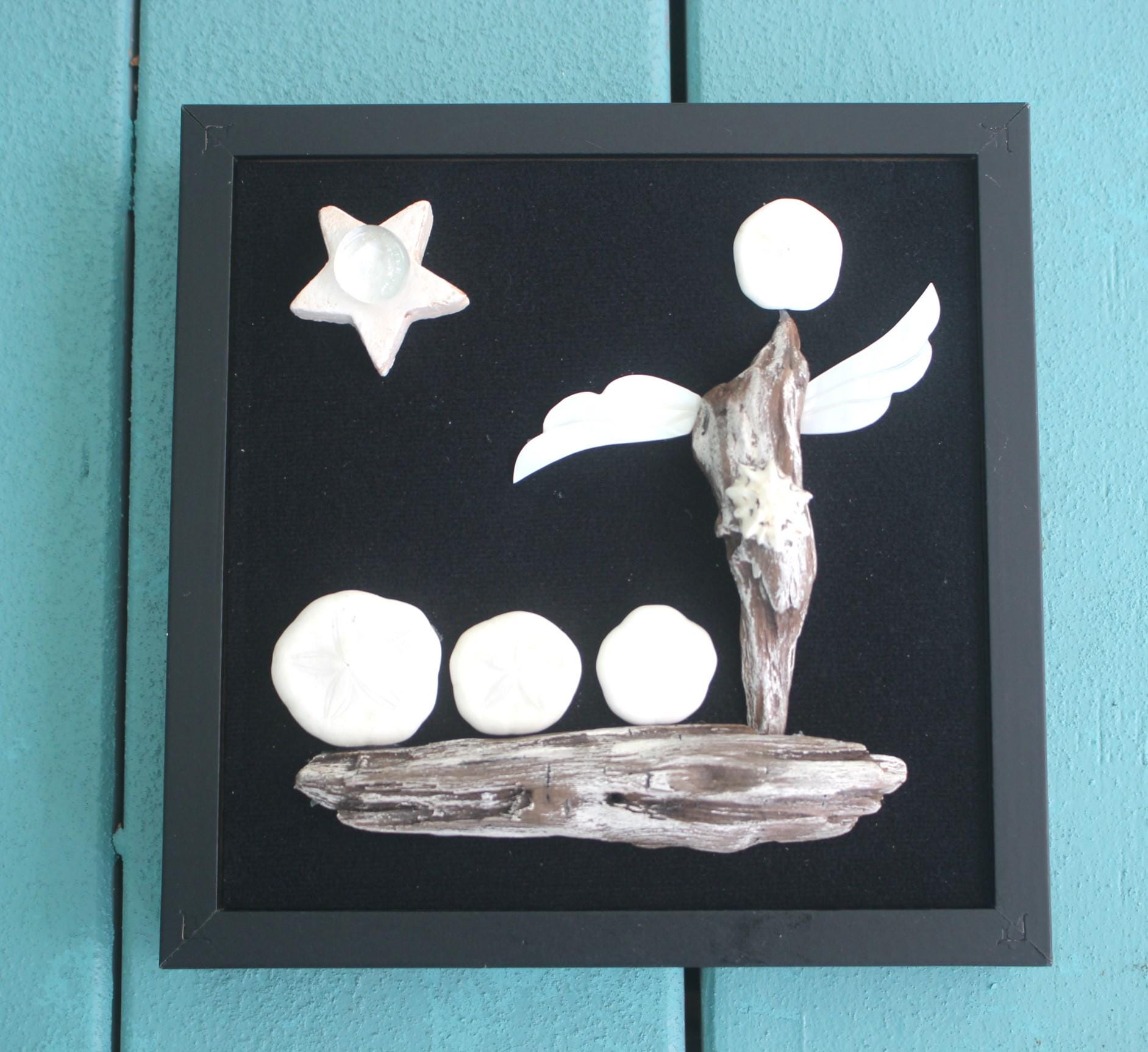 Nautical Themed Shadow Box, Handmade Shell Driftwood Inspirational Art. Sailboat with Angel Wings, Black and White Wall Décor.