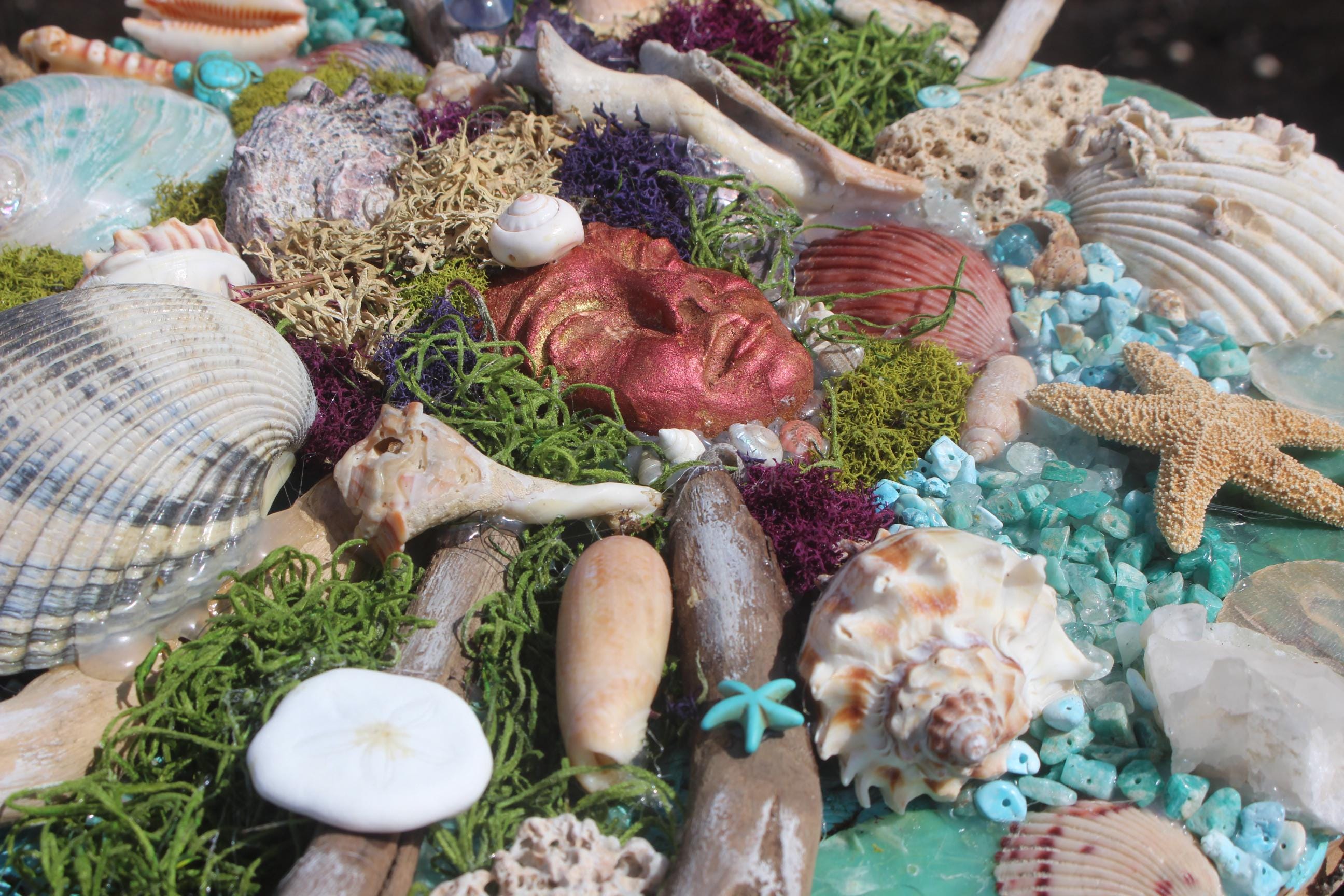 Mermaid Shell Driftwood Canvas Wall Art Décor, Original Coastal Art Collage, Mermaid Goddess, Titled Queen of the Deep 12 in.