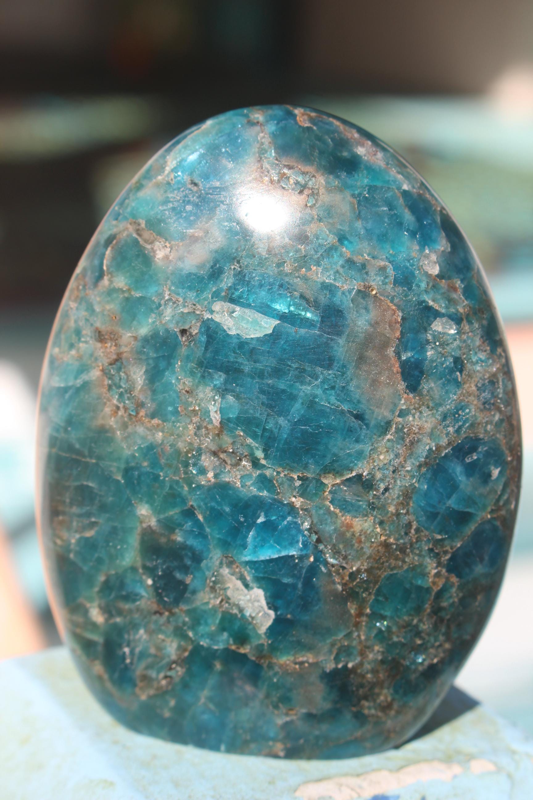 Blue Apatite Tower Obelisk, Polished Gemstone Specimen, Self Standing Crystal.
