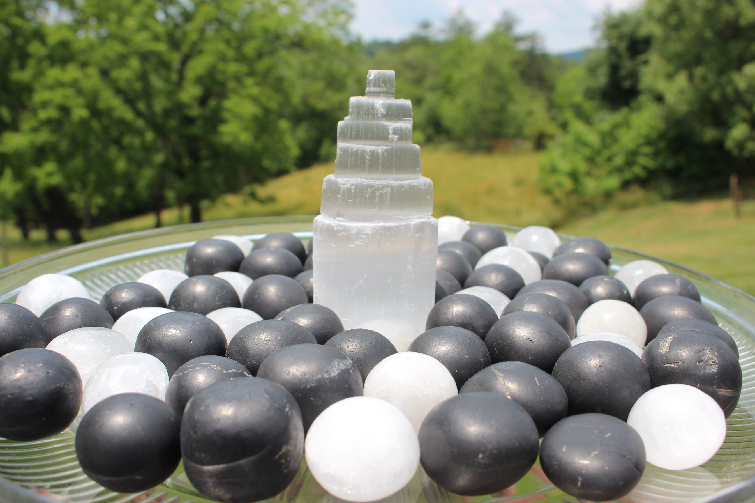 Shungite Selenite Polished Crystal Nuggets, EMF Protection, Purification, Cleansing. Two of each. Black and White, Yin and Yang!