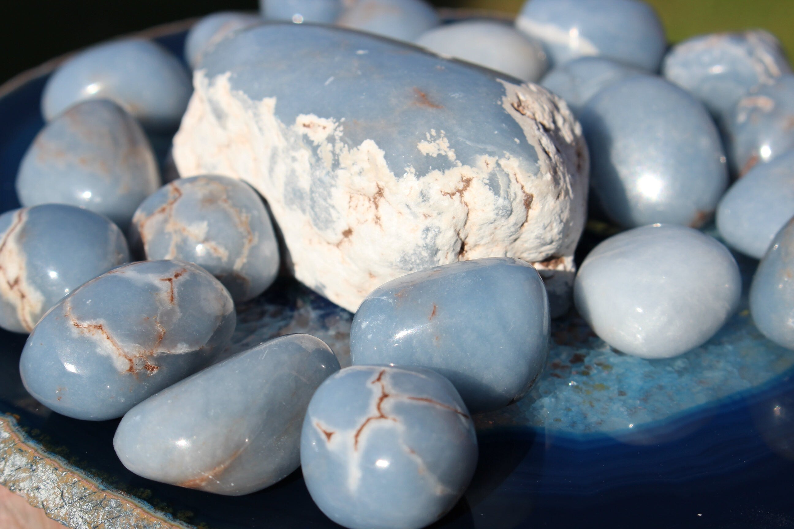 Angelite Crystal Nuggets, Peruvian Tumbled Polished Stones- Rocks, Blue Anhydrate, Altars Grids, Three Stones Each -1.5 oz -2.0 oz