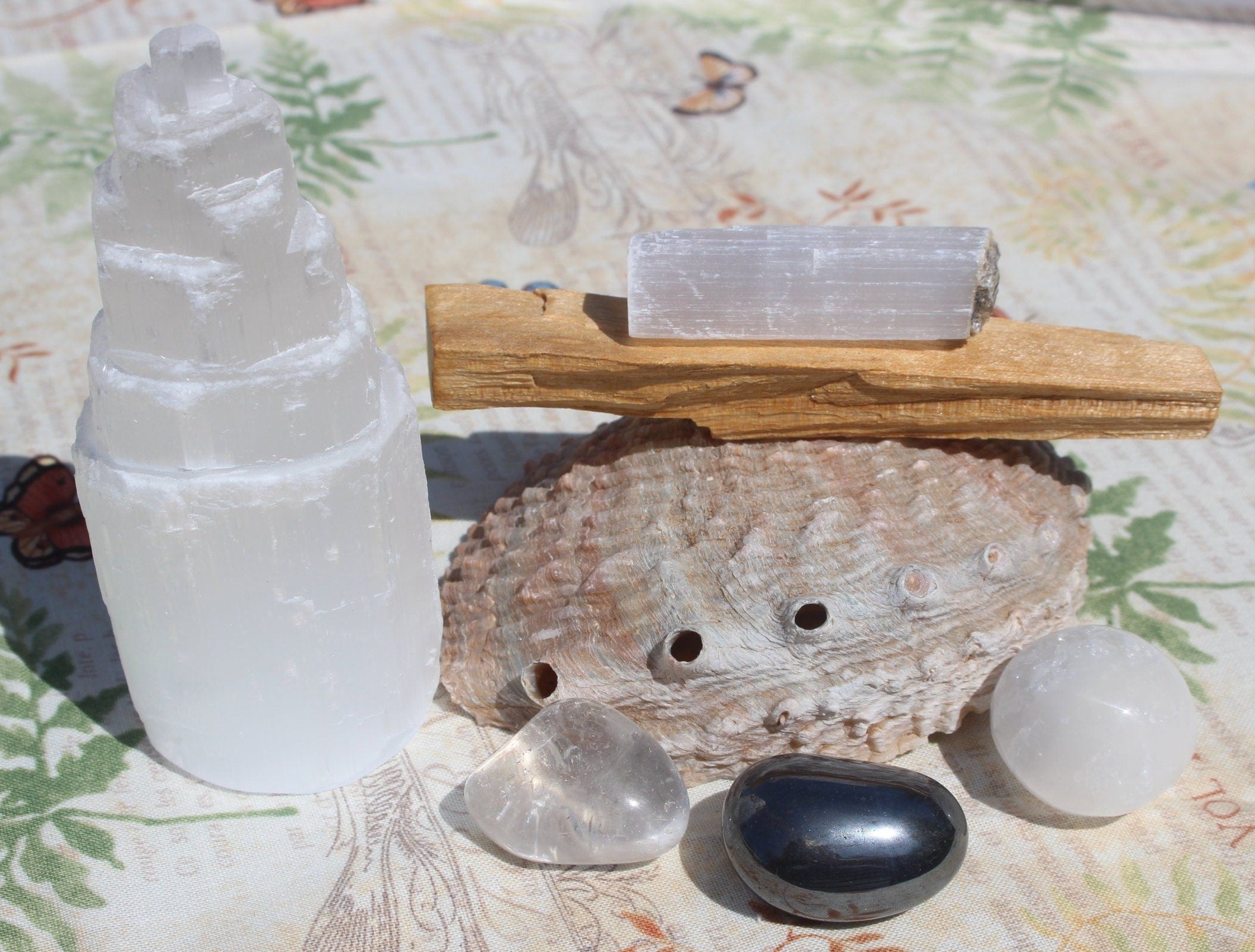 Crystal House Cleansing Bundle, Smudging - Purification, Rituals Altars, Meditation. Abalone Shell, PaoAlto Stick, Selenite Tower Special Buy.
