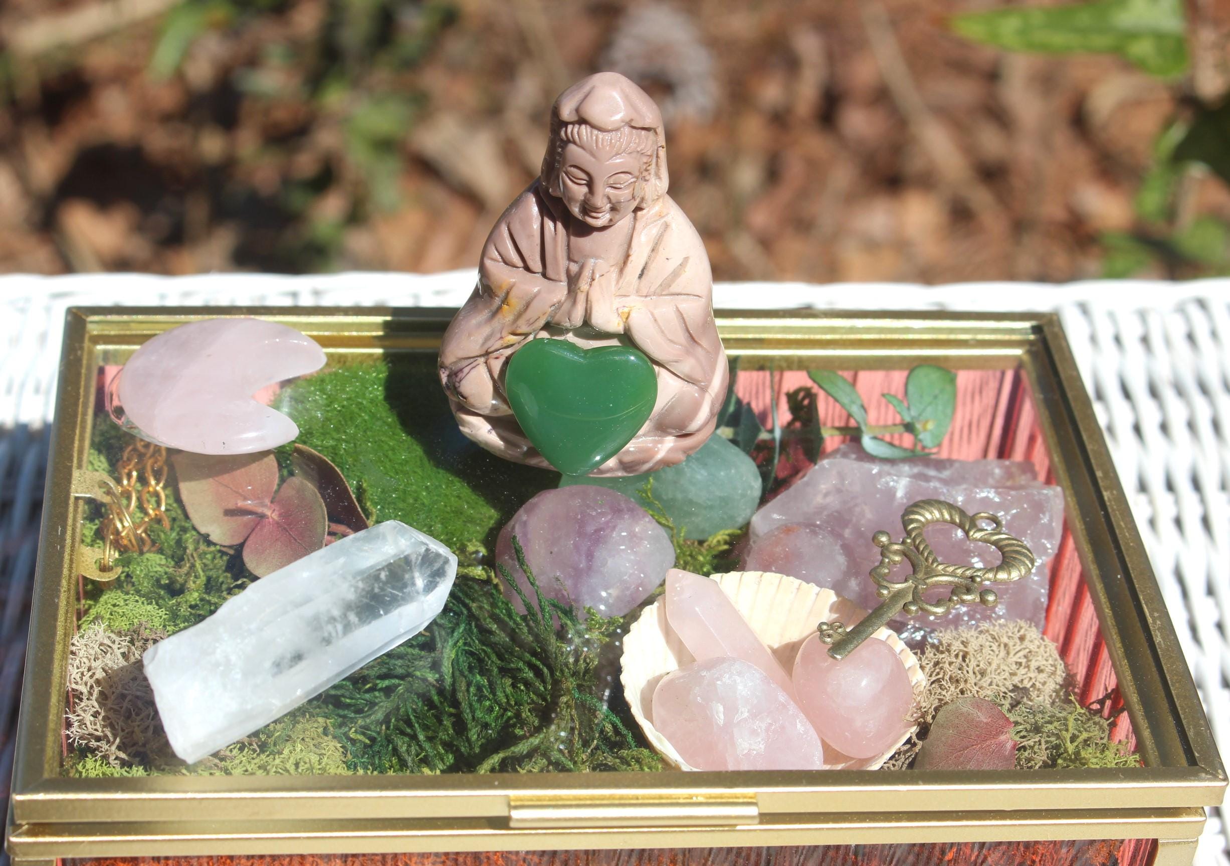 Crystal Moss Terrarium Box With Large Quan Yin Carving, Spirit Filled Glass Altar Box, Handmade Rose Quartz Reflection Gift Box Collectible.