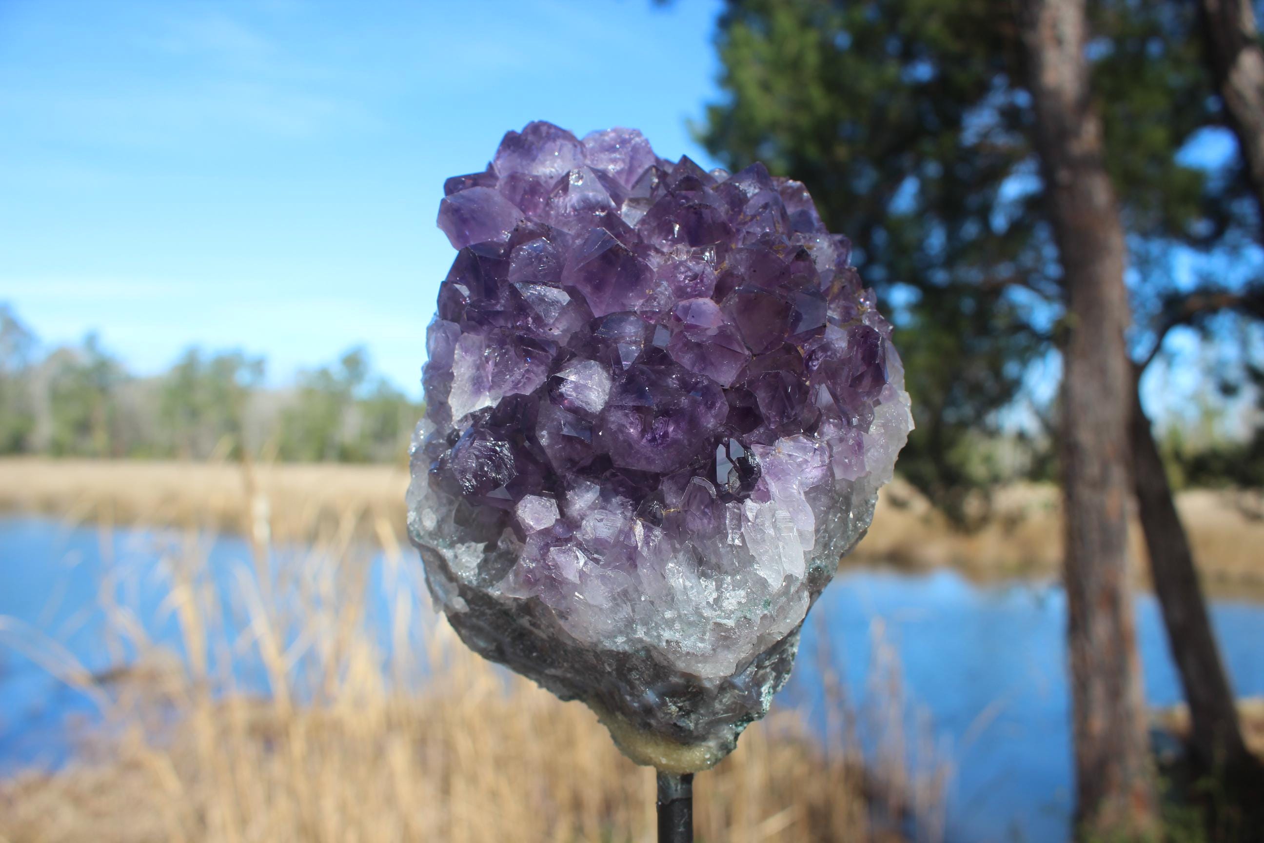 Amethyst Geode Crystal Cluster on Display Stand. Deep Purple Specimen. Large Amethyst Points, Meditation Room, Gemstone Display.
