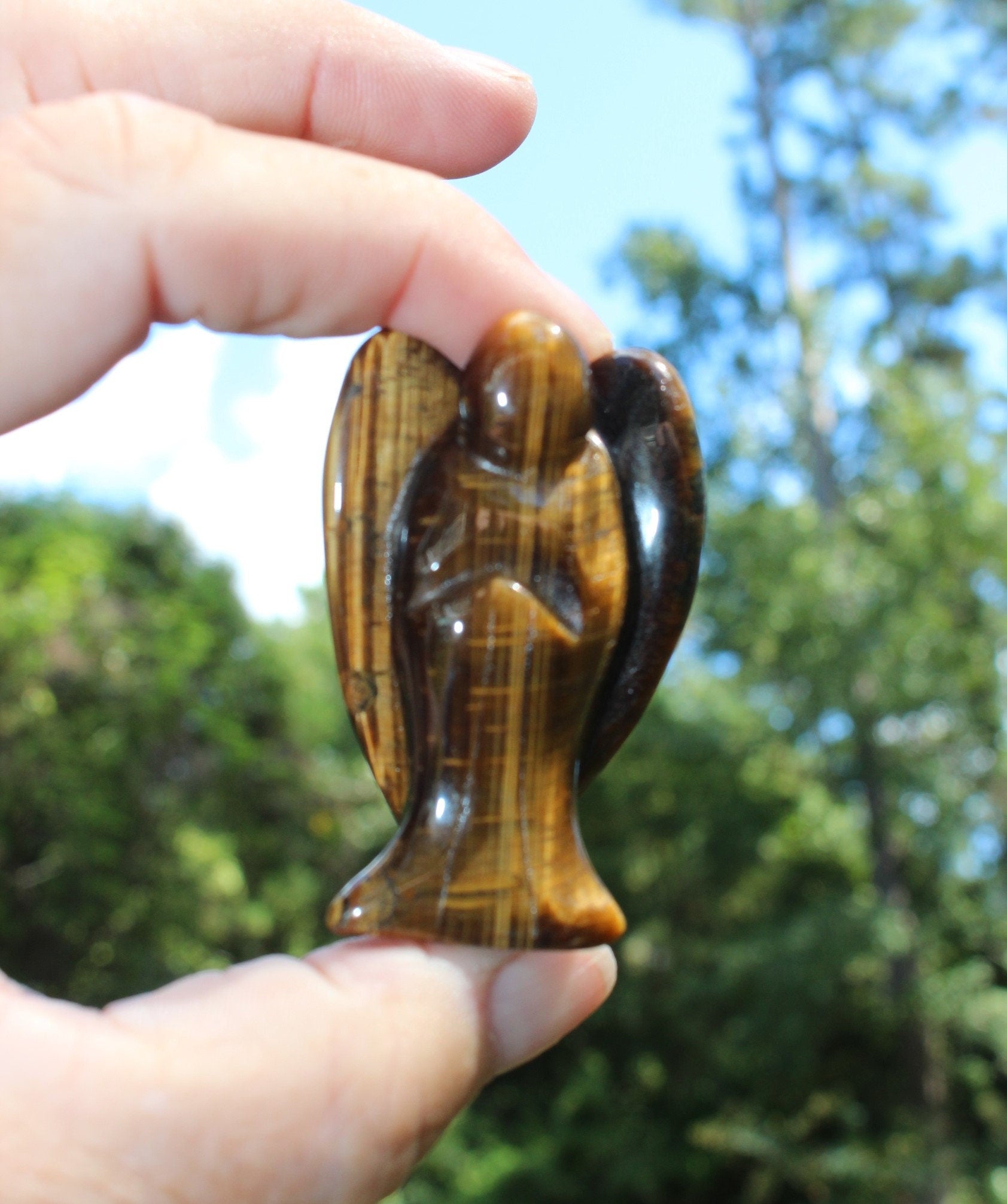 Tigers Eye Guardian Angel, Polished Crystal Figurine, Pocket Stone Totem, Protection Gemstone. Keepsake Memento, 2.0 inches tall.
