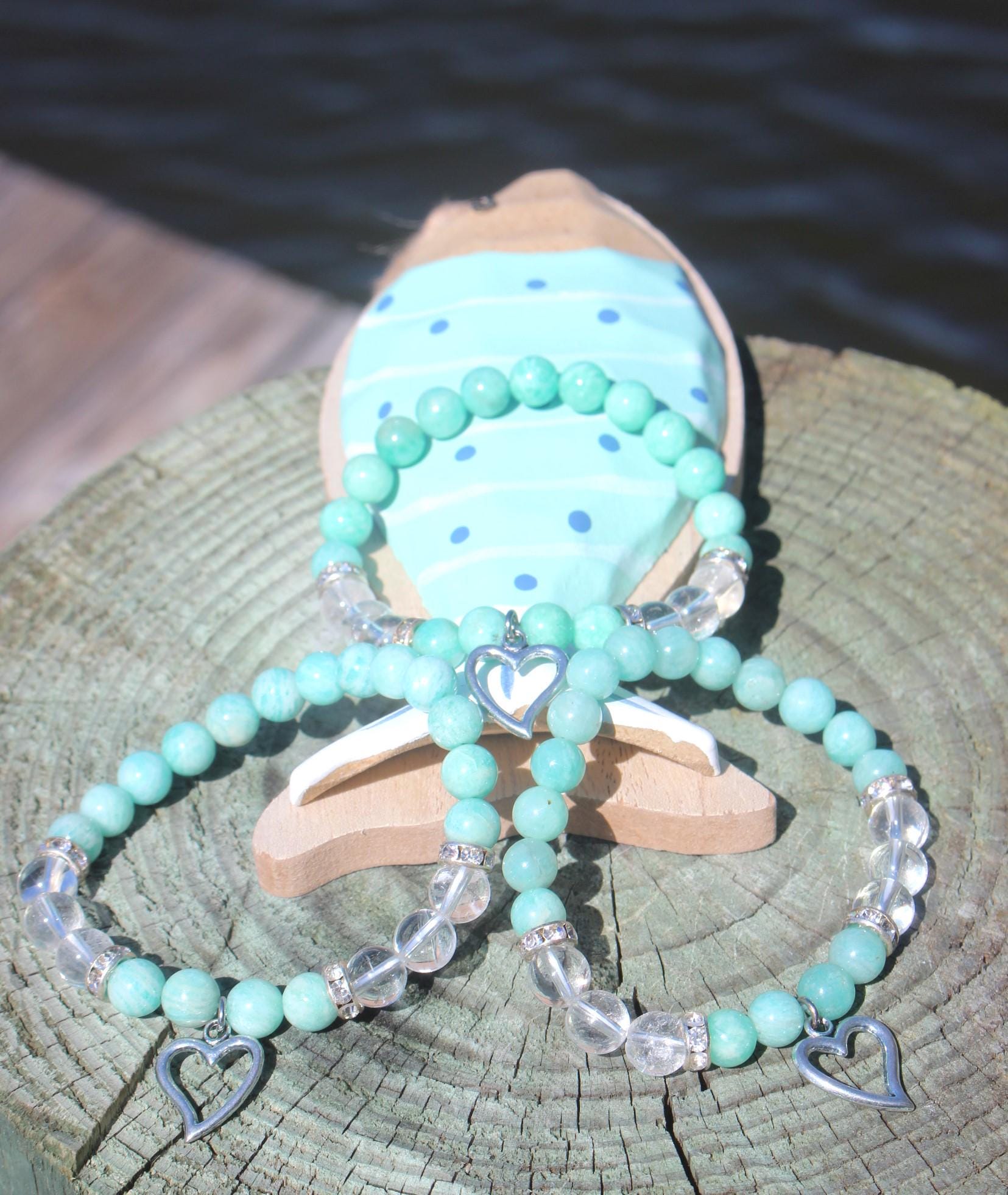 Amazonite and Quartz Stretch Bracelet, Beachy Vibe with Heart Charm, Turquoise Color, Chakra Yoga Jewelry, Fits most Wrists.