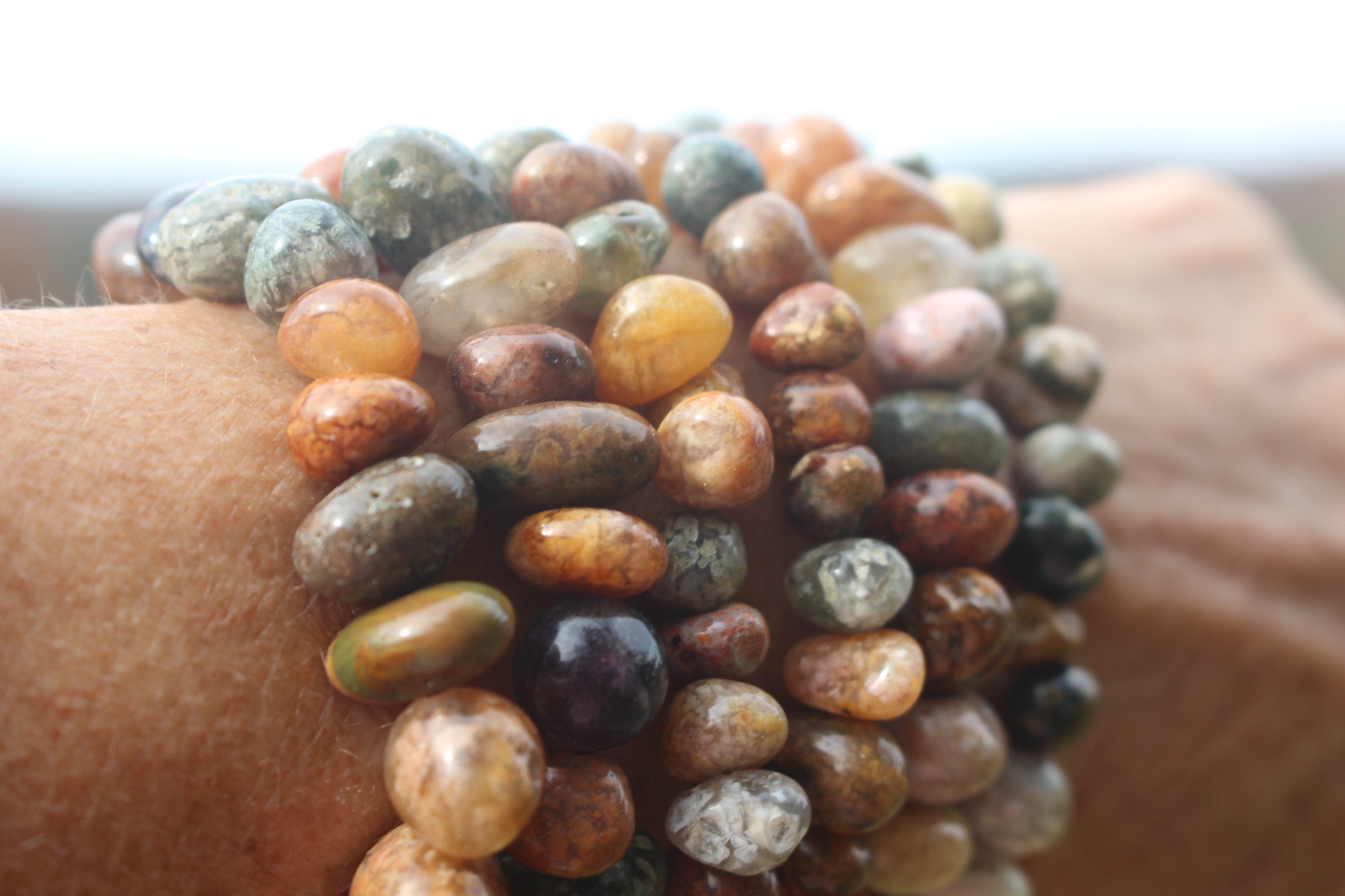 Handmade Ocean Jasper Stretch Bracelet, Fits Most Wrists, Polished Crystal Gemstone, Natural Earth Toned Colors, Chakra Yoga Jewelry.