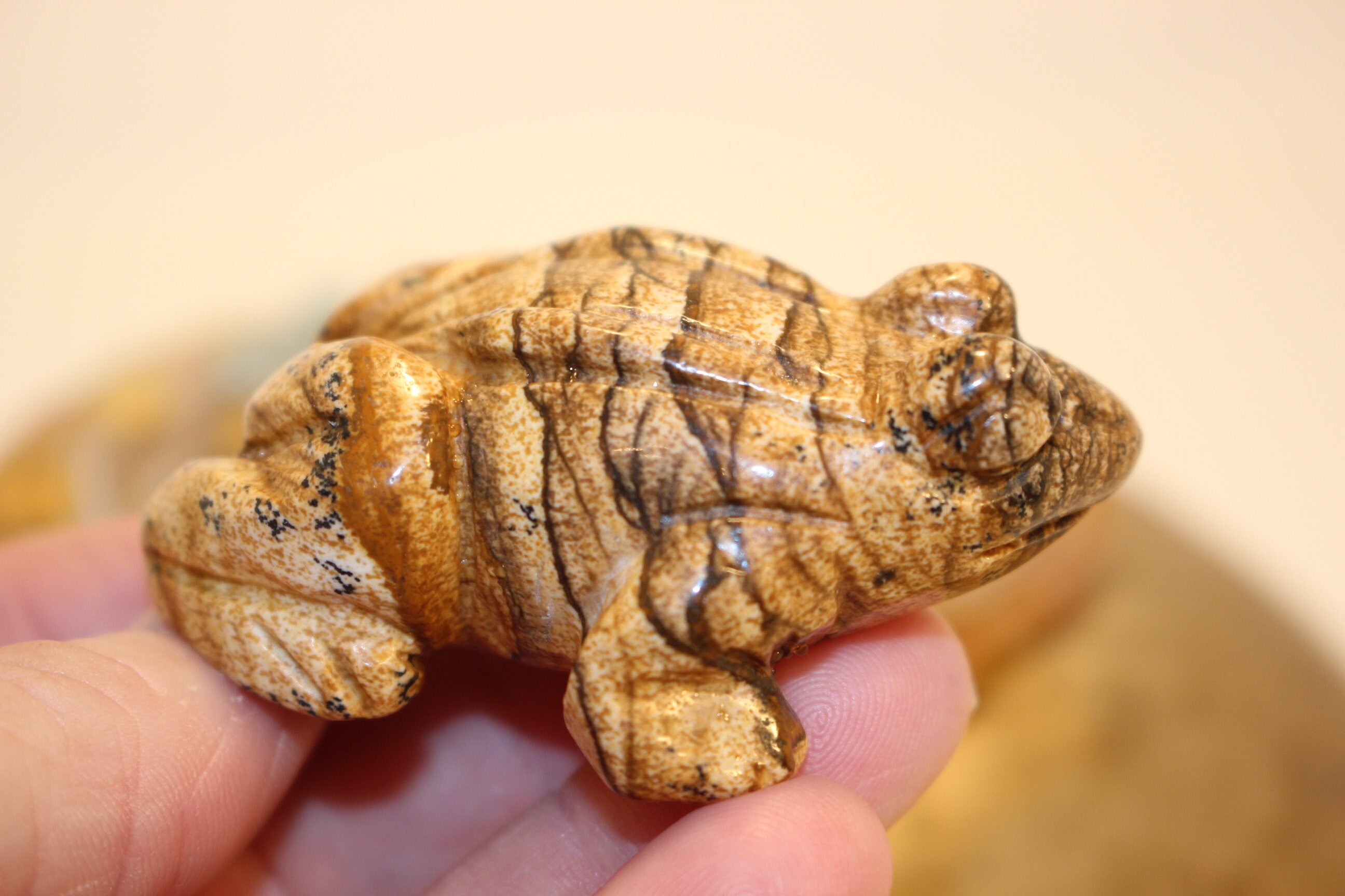 Carved Frog from Desert Jasper Gemstone, Natural Colors - Beautiful Striations,  No Resin-  Solid Crystal, Great Fathers Day Gift.