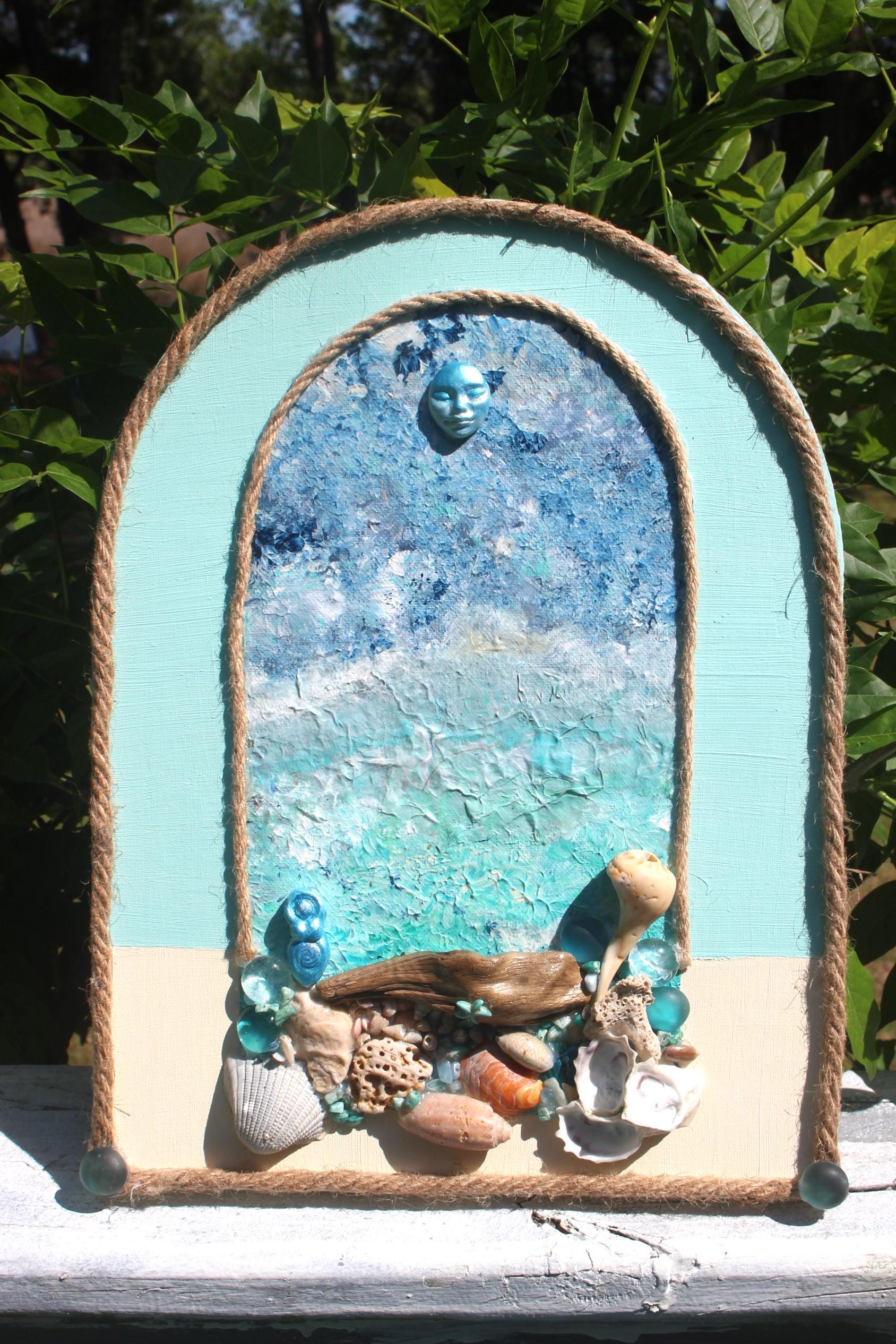 Coastal Décor Painted Wall Art Canvas, Original Ocean Art Collage, Handmade Island Life , Beach Aesthetic Vintage Style, Small Clay Mermaid.