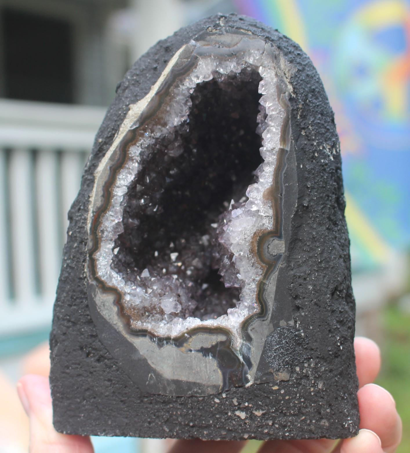 Amethyst Geode Crystal Cave Cathedral w/ Rose Quartz Stone,  Hollow Geode Collectible Specimen. Boho Home Décor, Priority Mail Shipping.