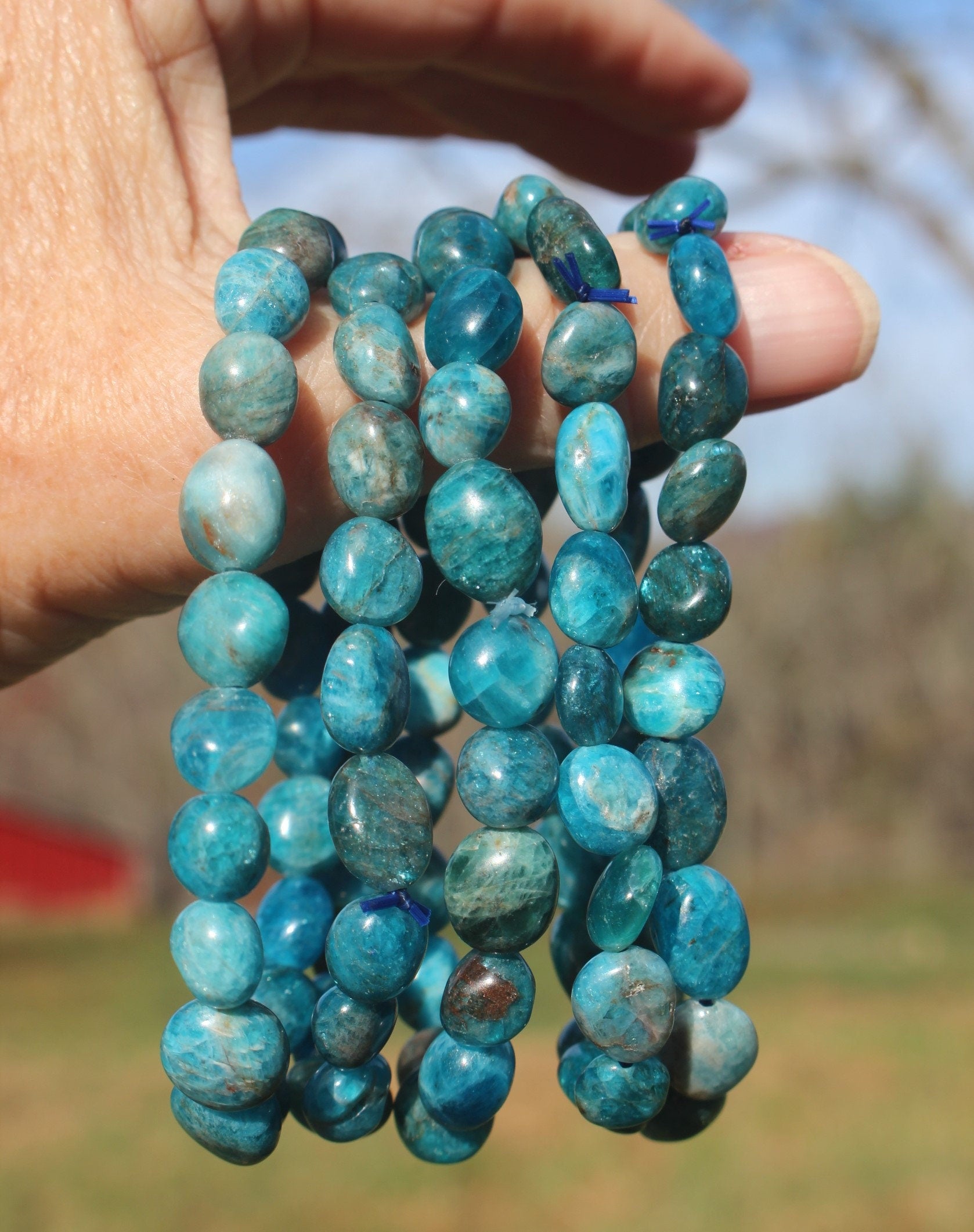 Beachy Blue Apatite Gemstone Stretch Bracelet, Fits Most Wrists, Polished Crystal, Natural Blue Turquoise Color, Chakra -Yoga-Jewelry