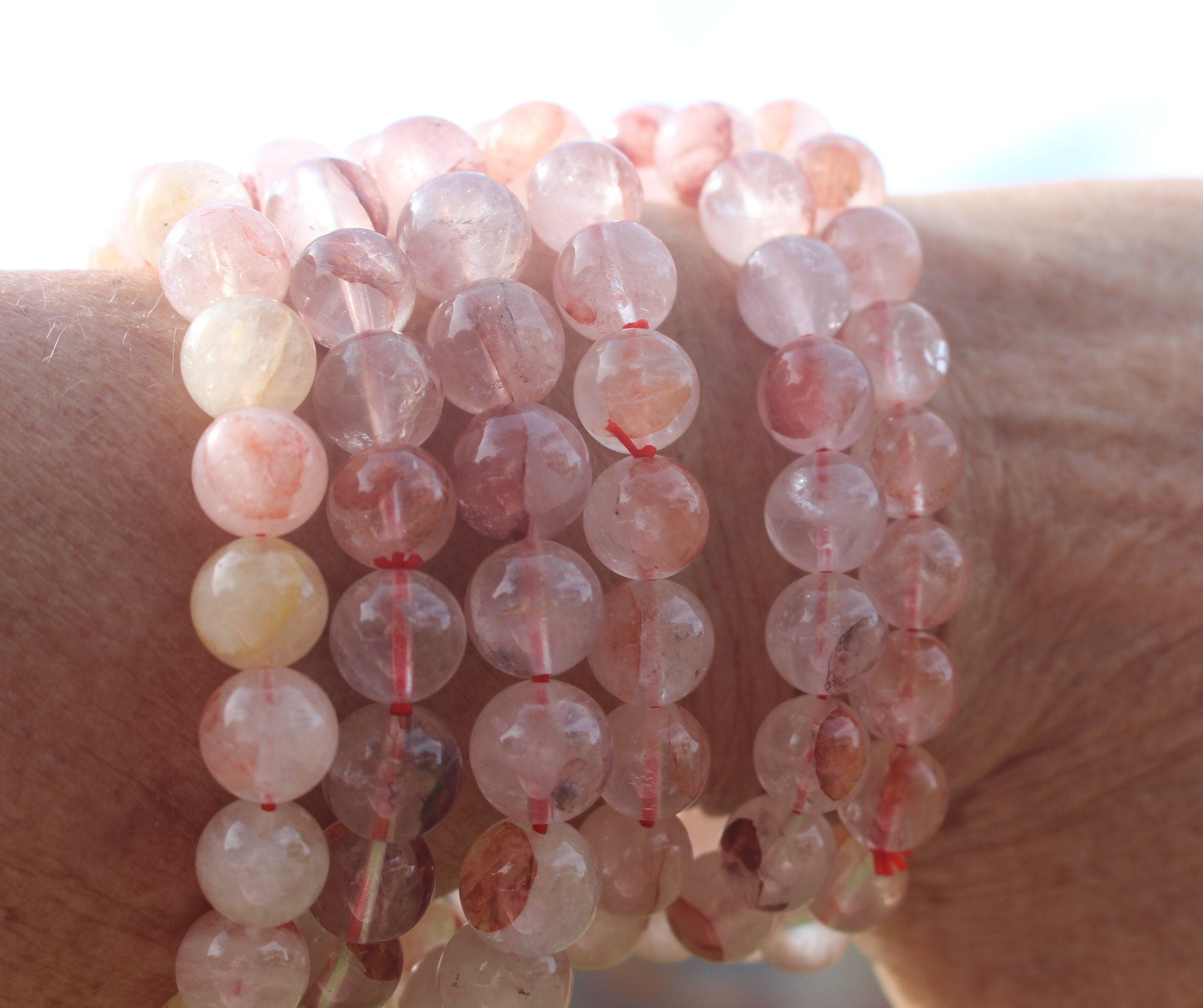 Handmade Hematoid Quartz Stretch Bracelet, Fits Most Wrists, Polished round beads- Natural- clear-rust-pink colors, Chakra Yoga Jewelry.