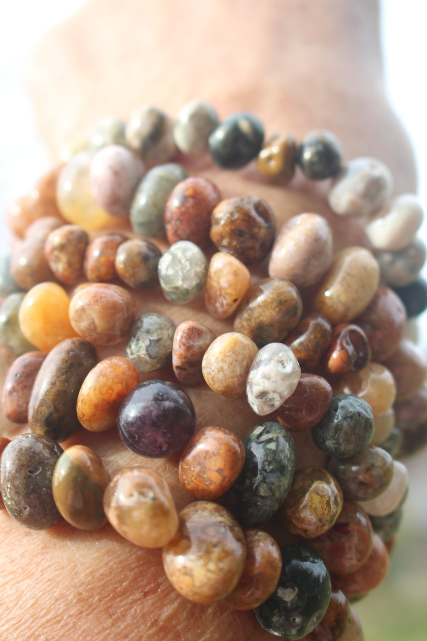Handmade Ocean Jasper Stretch Bracelet, Fits Most Wrists, Polished Crystal Gemstone, Natural Earth Toned Colors, Chakra Yoga Jewelry.
