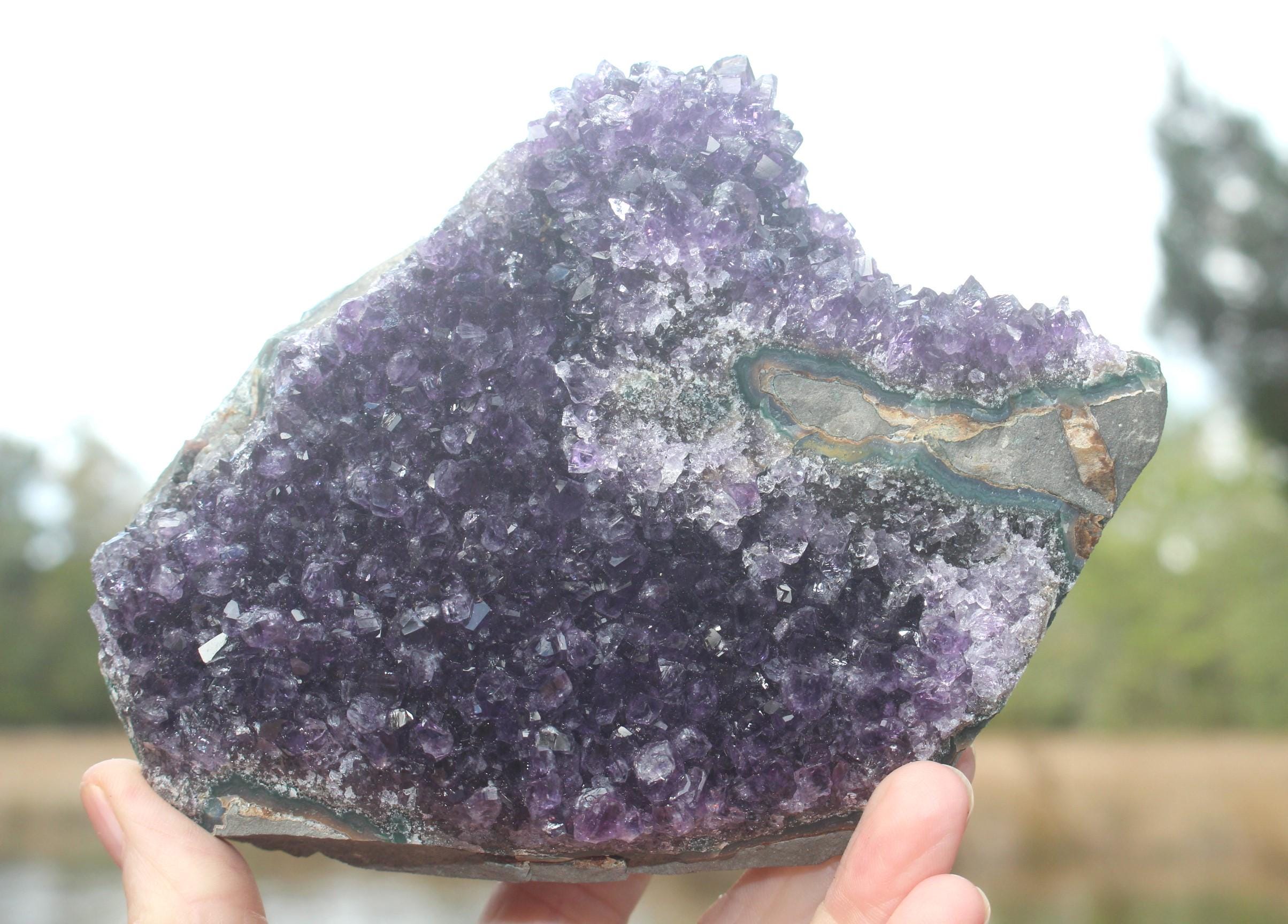 Amethyst Geode Crystal Gemstone Cluster, Sparkling Purple Specimen for Boho Crystal Home Décor, Yoga-Meditation Space.
