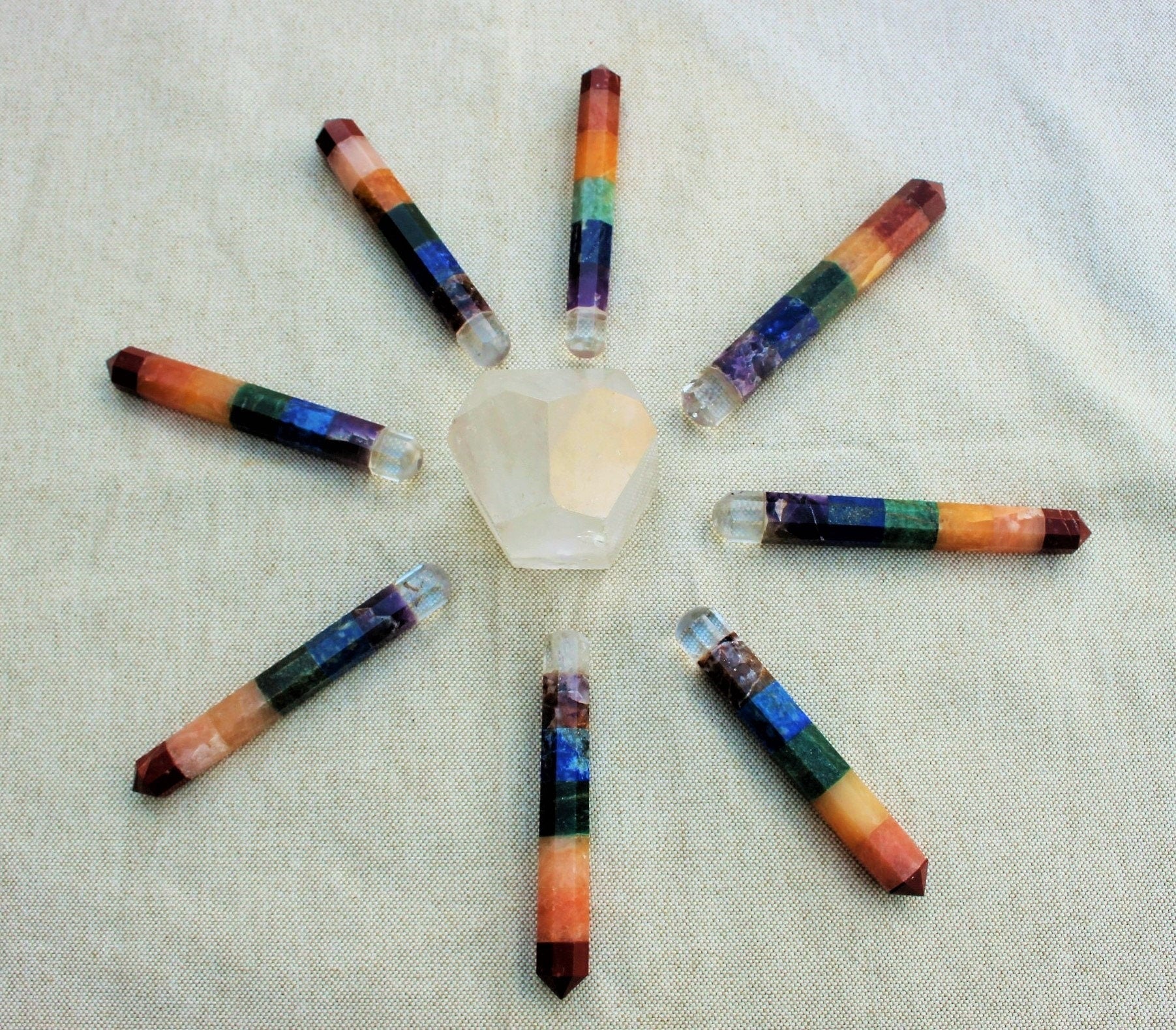 Chakra Wand Seven Gemstones, Healing Energy Terminated Crystal, Reflexology Reiki Massage Wand, Nicely Polished, with Velvet Bag