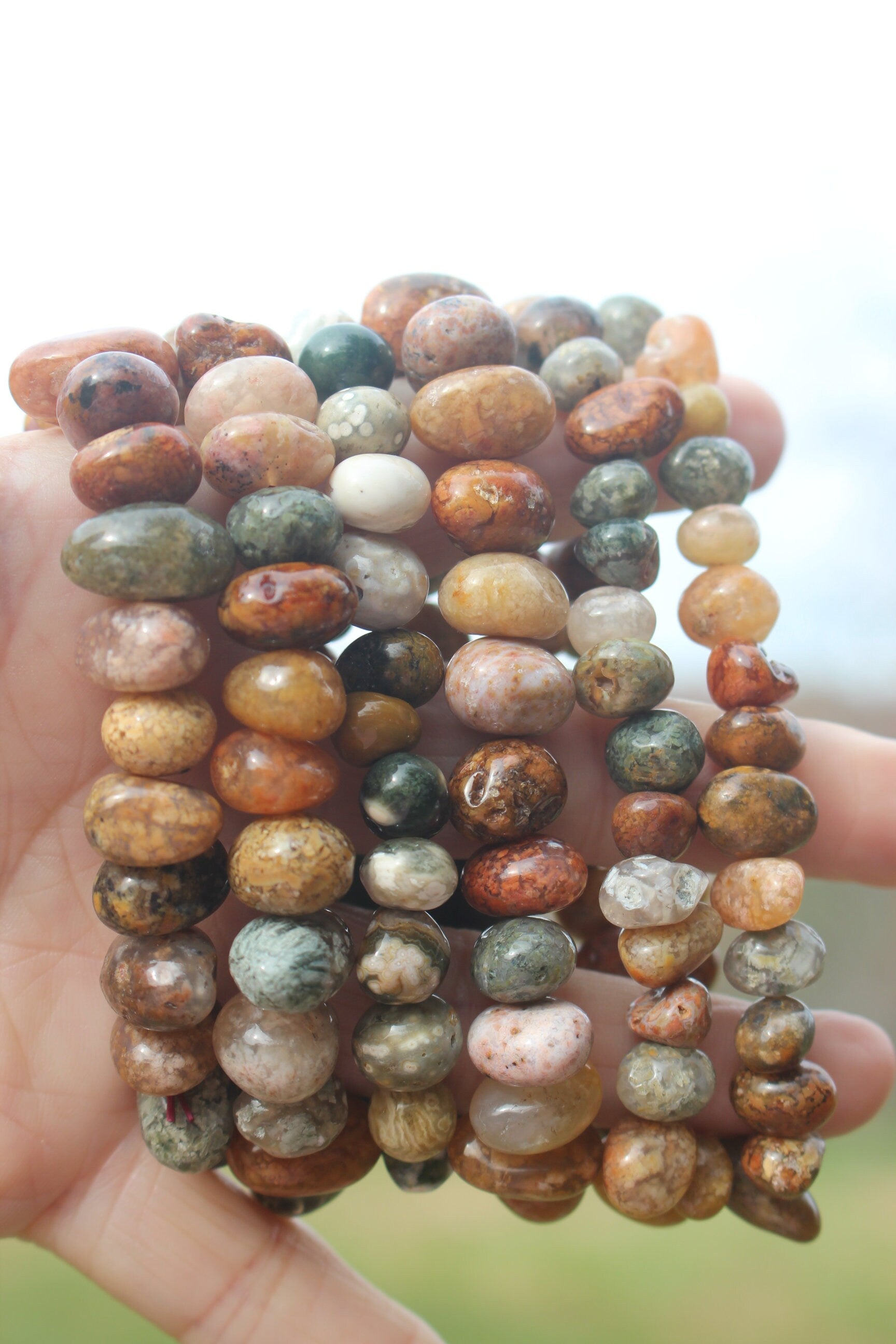 Handmade Ocean Jasper Stretch Bracelet, Fits Most Wrists, Polished Crystal Gemstone, Natural Earth Toned Colors, Chakra Yoga Jewelry.