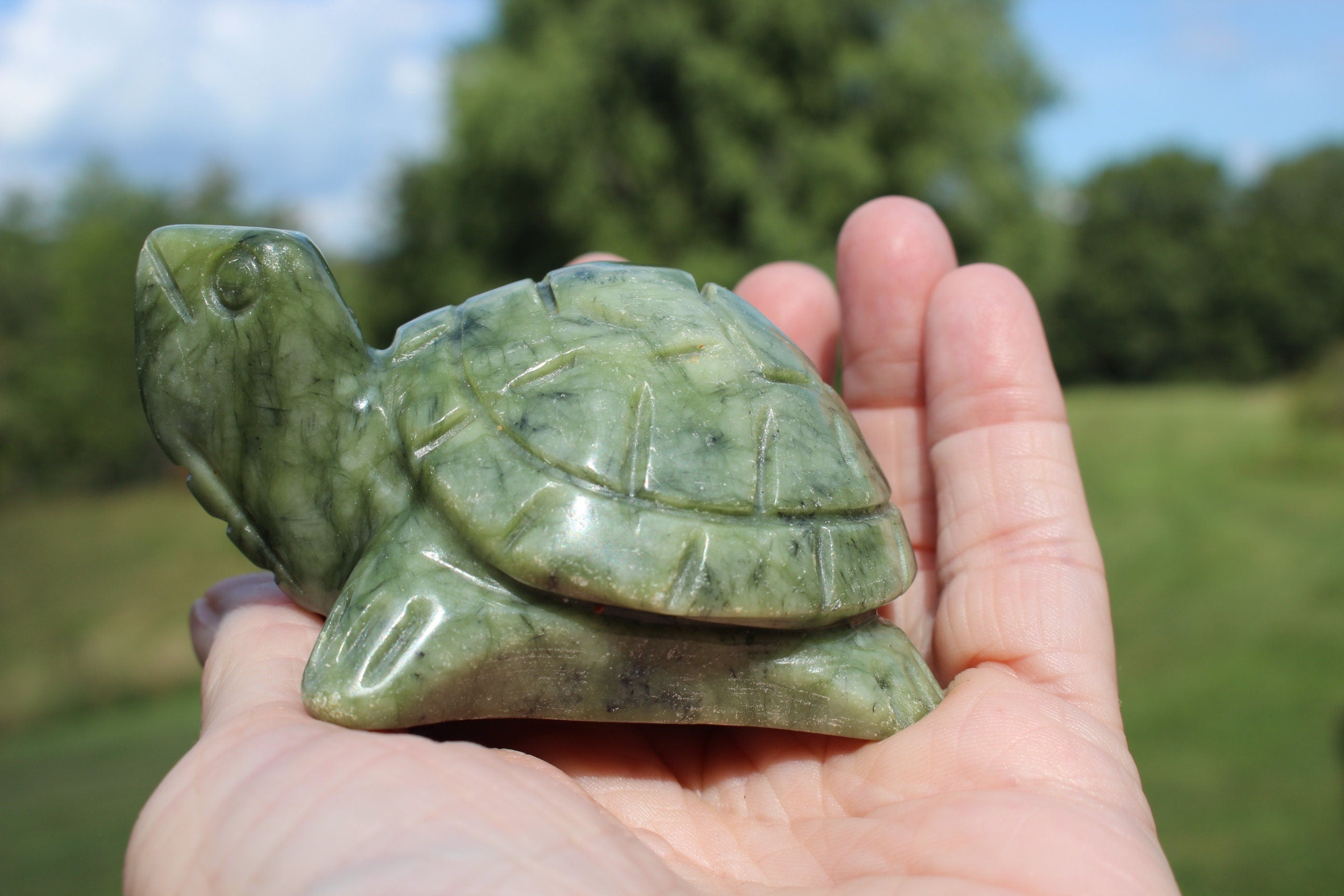 Carved Gemstone Turtle Figurine, Green Serpentine Totem,  Ex Large Woodland Animal, for Terrariums, Crystal Home Décor. Collectible.