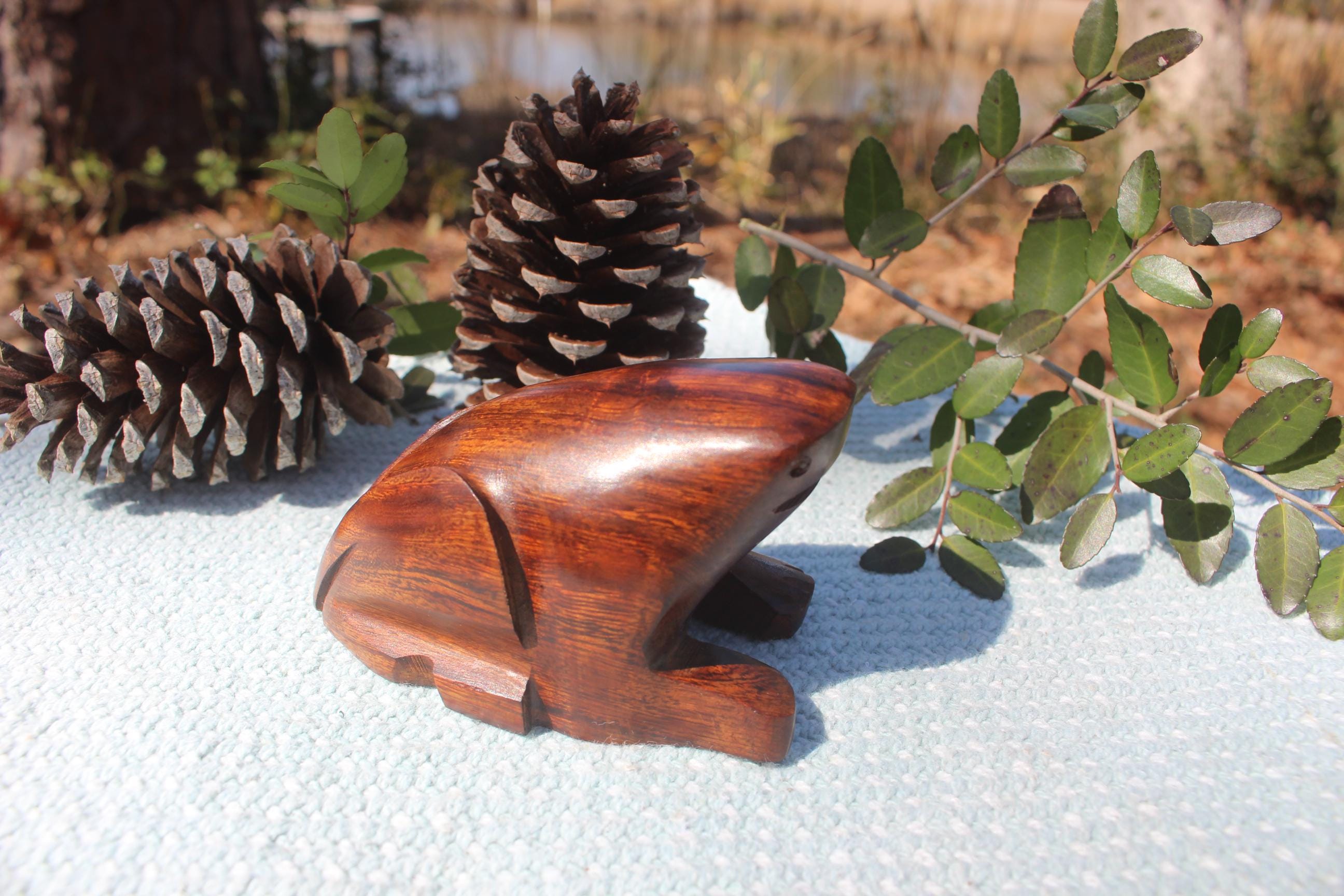 Large Rustic Hand Carved Wood Frogs, Woodland Animal Turtle Figurine, Totem Animal for Altars- Home Décor.