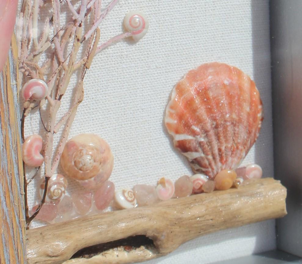 Ocean Theme Shadow Box, Handmade Shell Driftwood Coastal Home Décor.  Weathered Wood Frame.