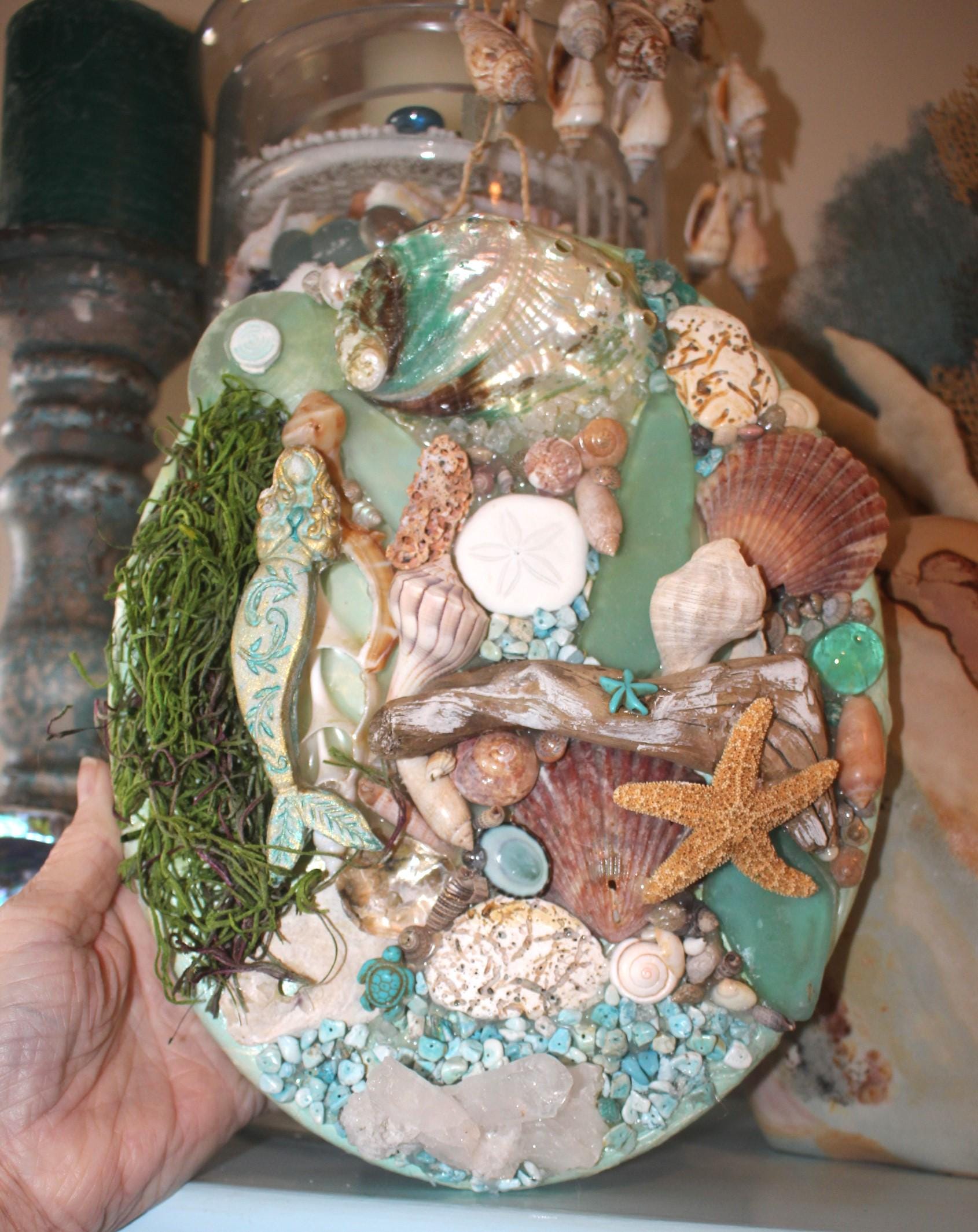 Shell Canvas Wall Art Décor, Original Mermaid  Ocean Art w/ Driftwood, Handmade Island Life Sea Collage, Titled Maiden Voyage. 8 by 10 inch.