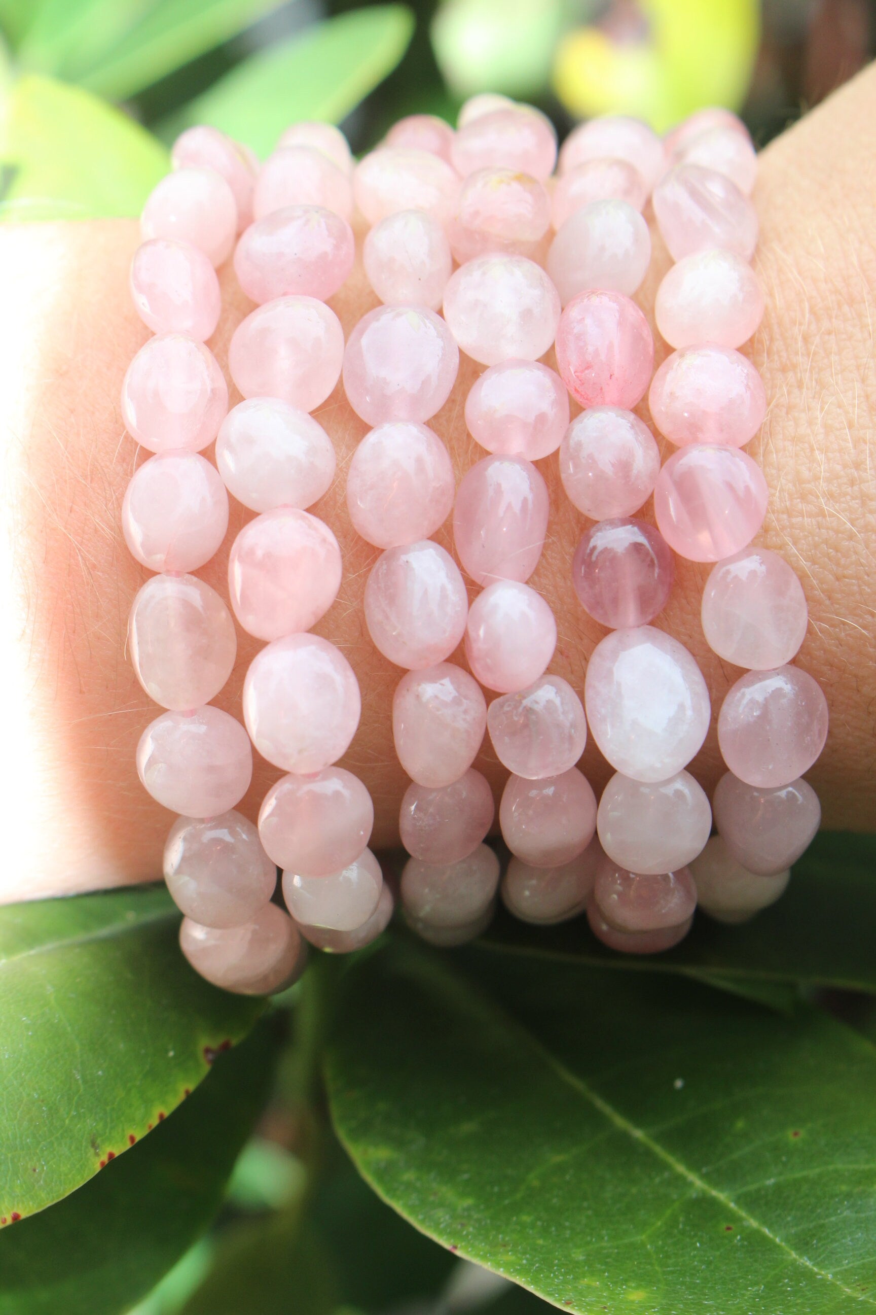 Minimalist Rose Quartz Beaded Bracelet, Polished Gemstone Stretchy Bracelet, Natural Pink Color, Chakra Crystal Jewelry, Fits most wrists.