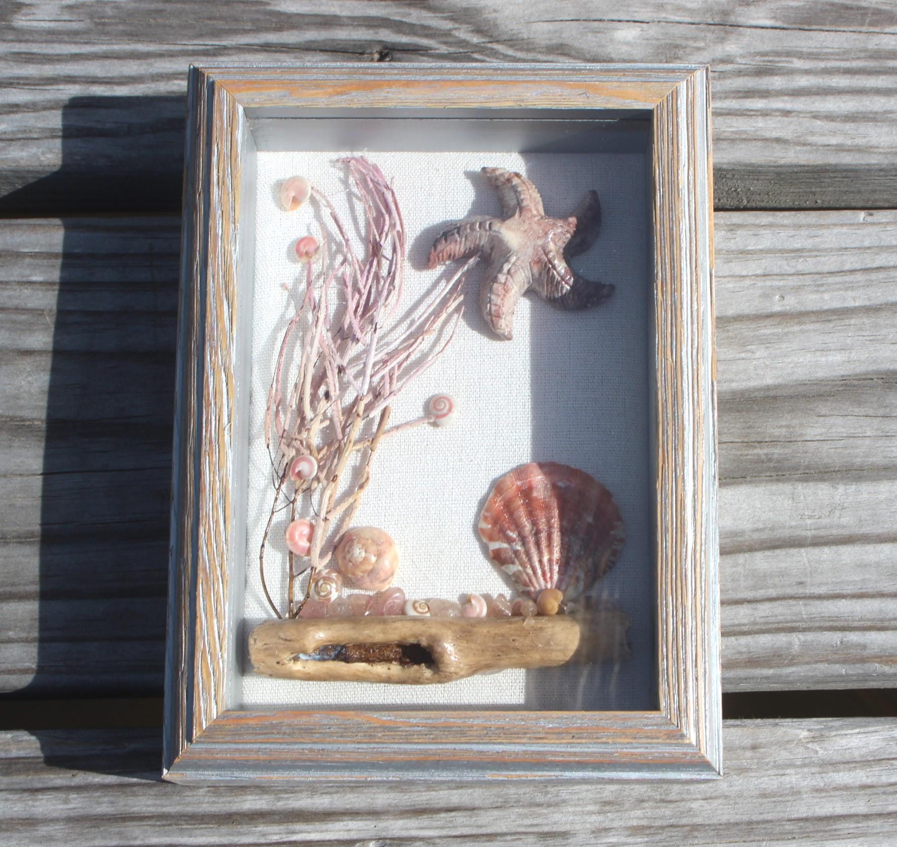 Ocean Theme Shadow Box, Handmade Shell Driftwood Coastal Home Décor.  Weathered Wood Frame.